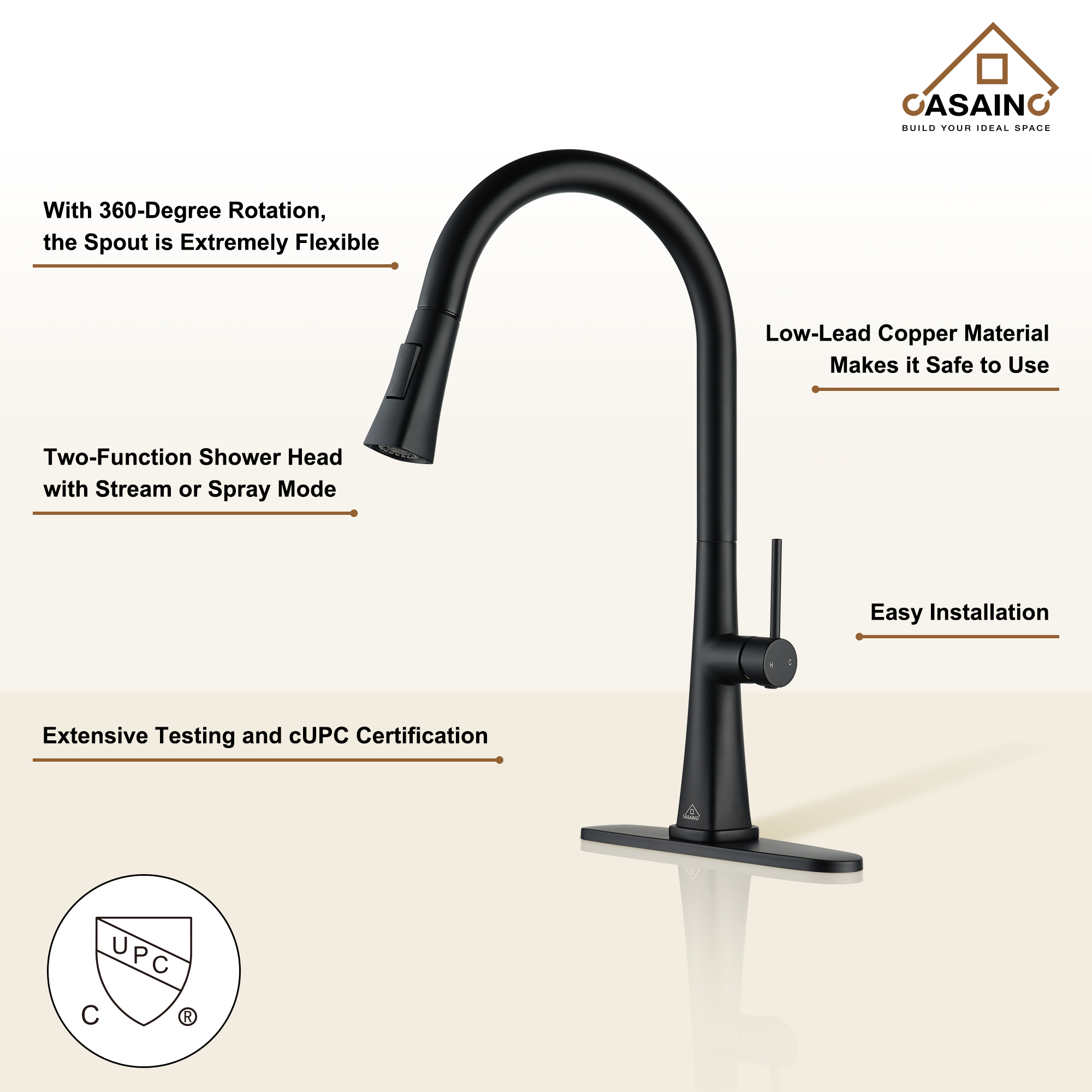 Single-Handle Pull-Out Kitchen Faucet in Brushed Nickel-CASAINC