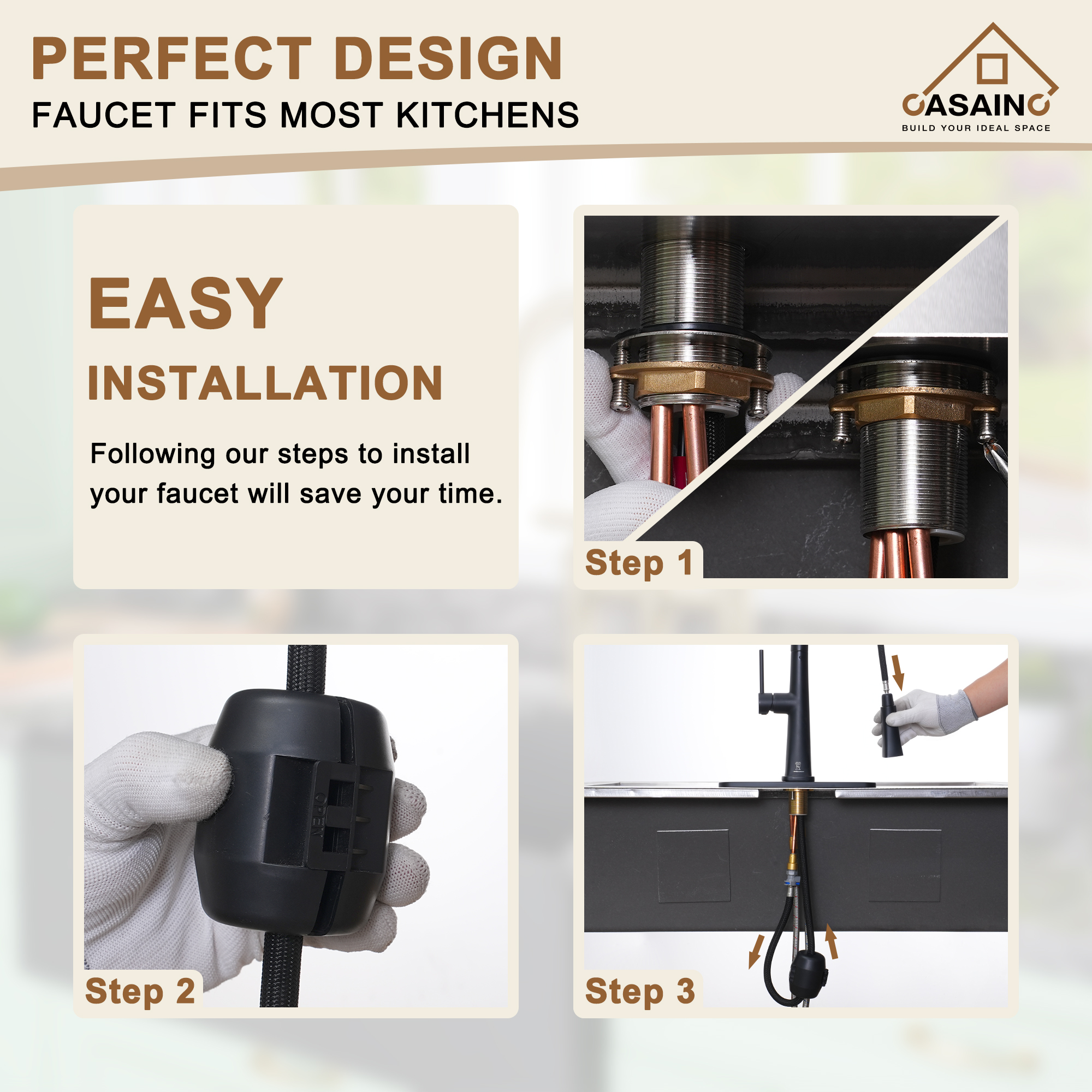 Single-Handle Pull-Out Kitchen Faucet in Brushed Nickel-CASAINC