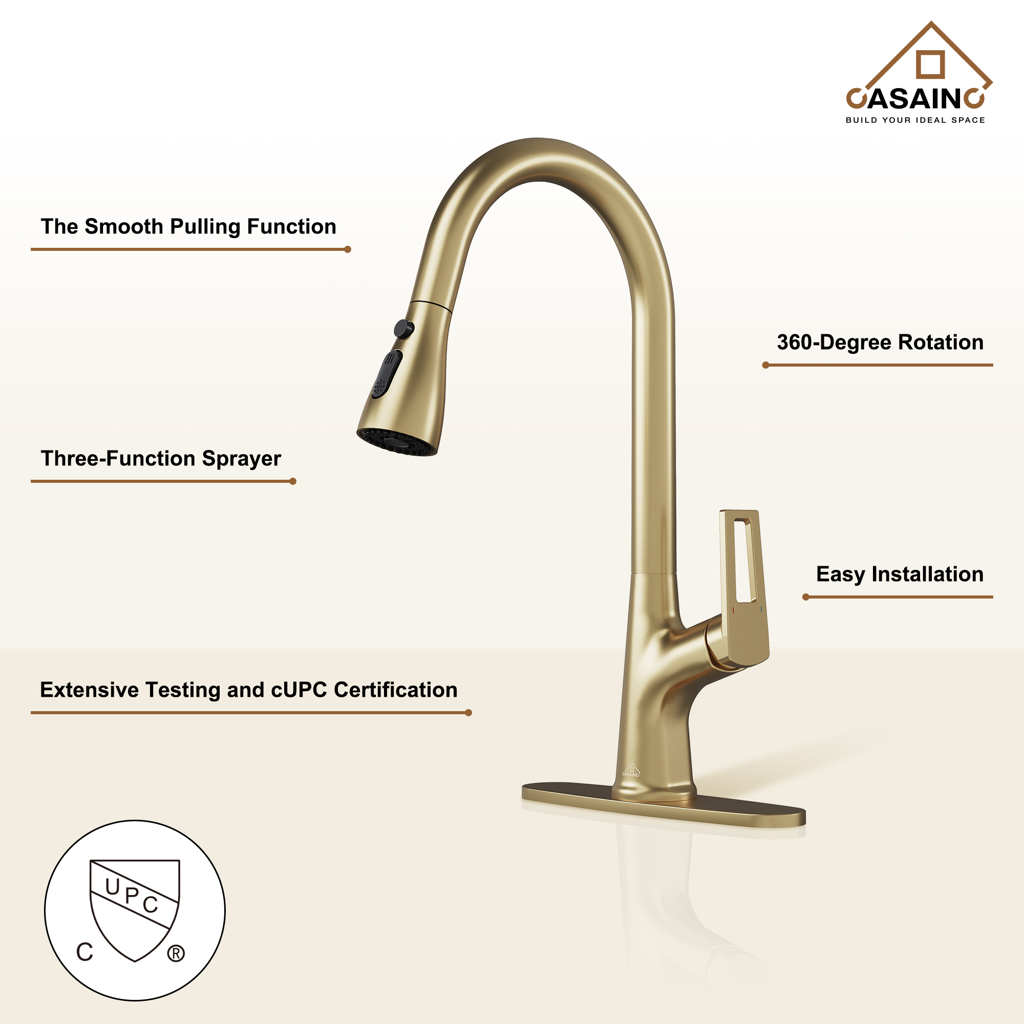 CASAINC Single-Handle Pull-Out Kitchen Faucet in Brushed Nickel/Matte Black/Matte White/Brushed Gold