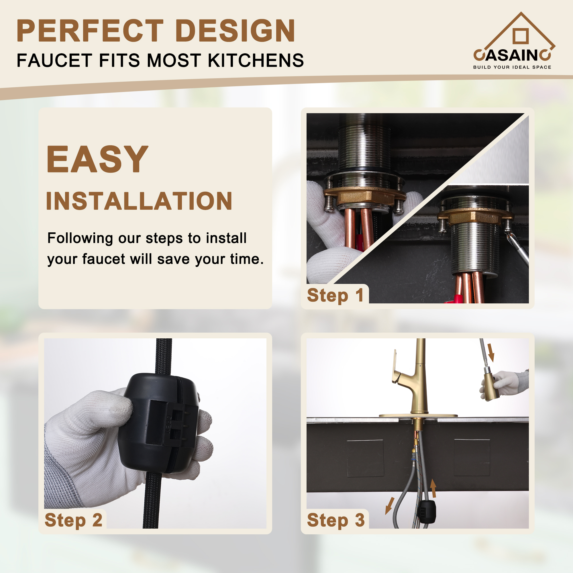 CASAINC Single-Handle Pull-Out Kitchen Faucet in Brushed Nickel/Matte Black/Matte White/Brushed Gold