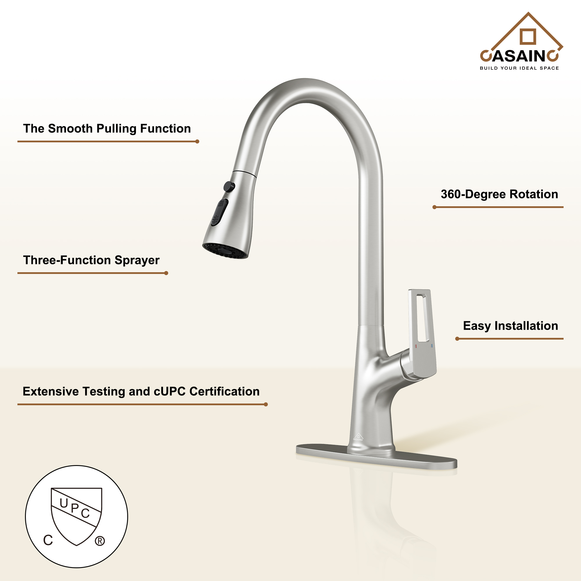 CASAINC Single-Handle Pull-Out Kitchen Faucet in Brushed Nickel/Matte Black/Matte White/Brushed Gold