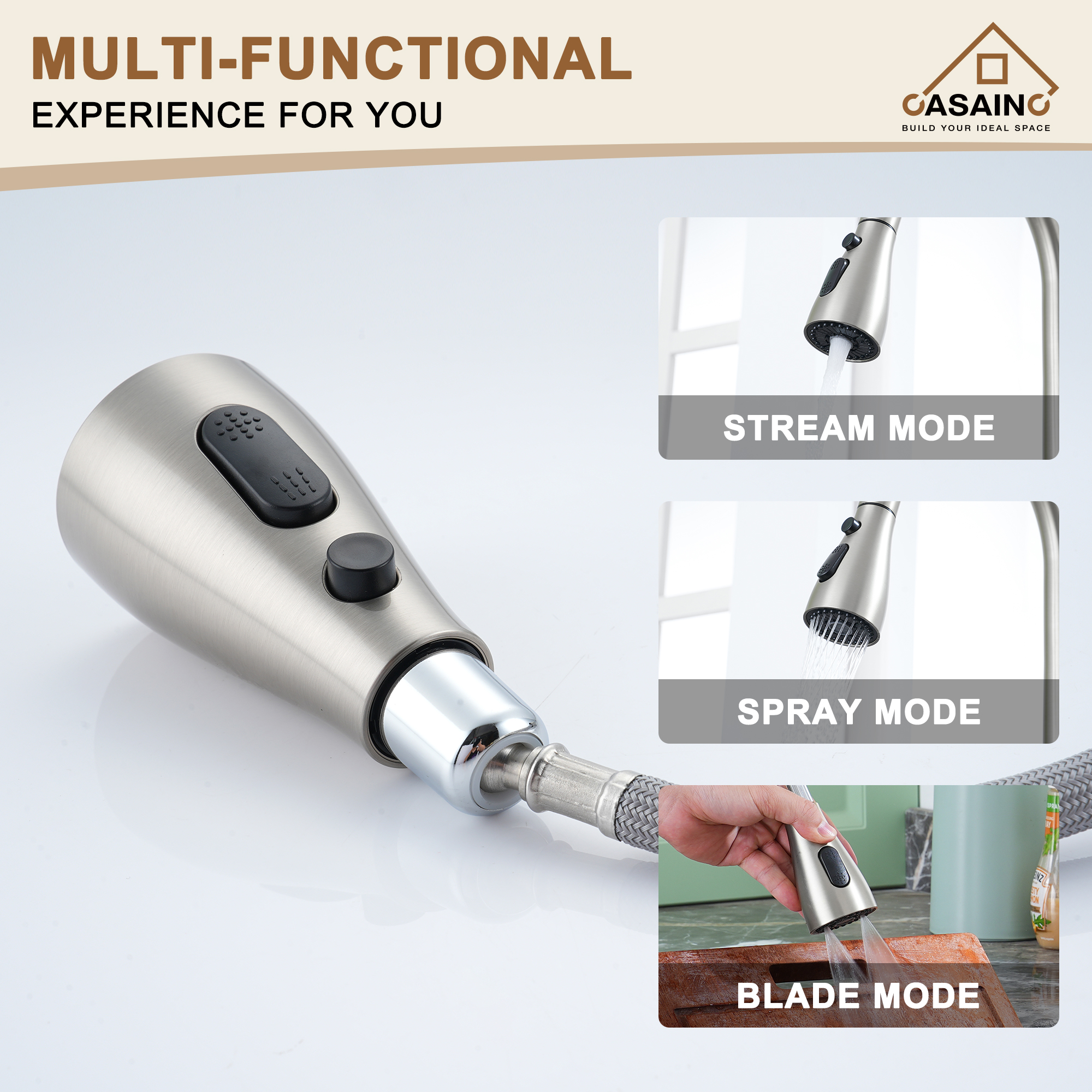 CASAINC Single-Handle Pull-Out Kitchen Faucet in Brushed Nickel/Matte Black/Matte White/Brushed Gold