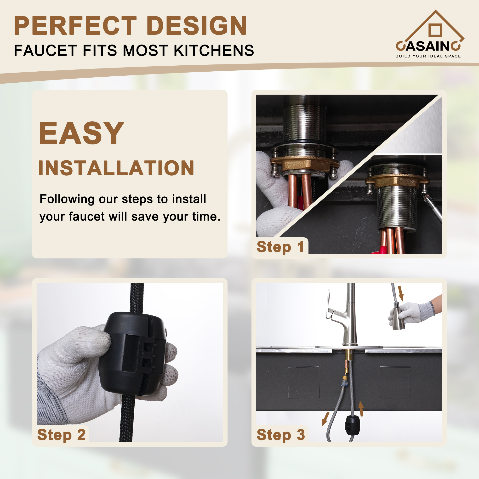 CASAINC Single-Handle Pull-Out Kitchen Faucet in Brushed Nickel/Matte Black/Matte White/Brushed Gold