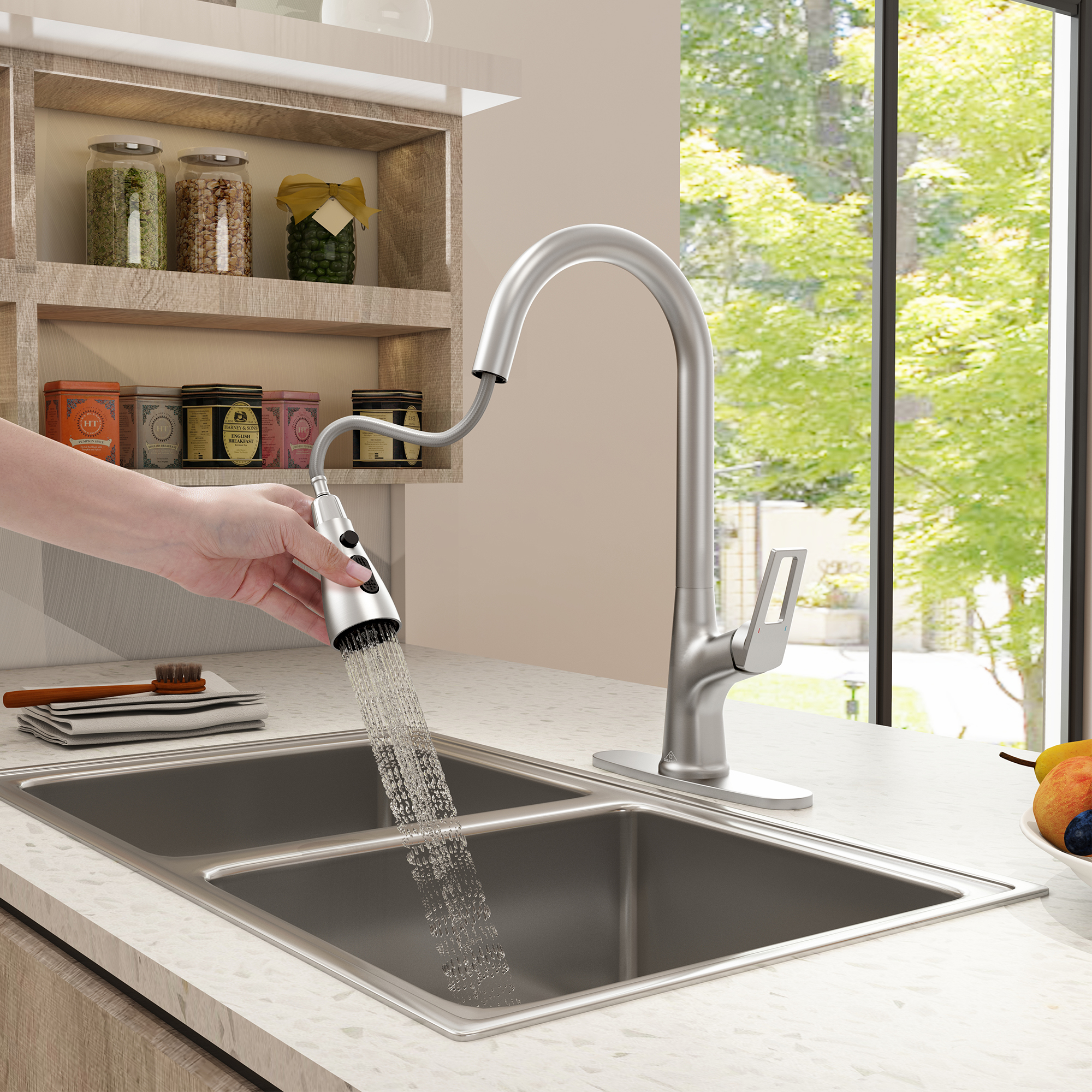 CASAINC Single-Handle Pull-Out Kitchen Faucet in Brushed Nickel/Matte Black/Matte White/Brushed Gold