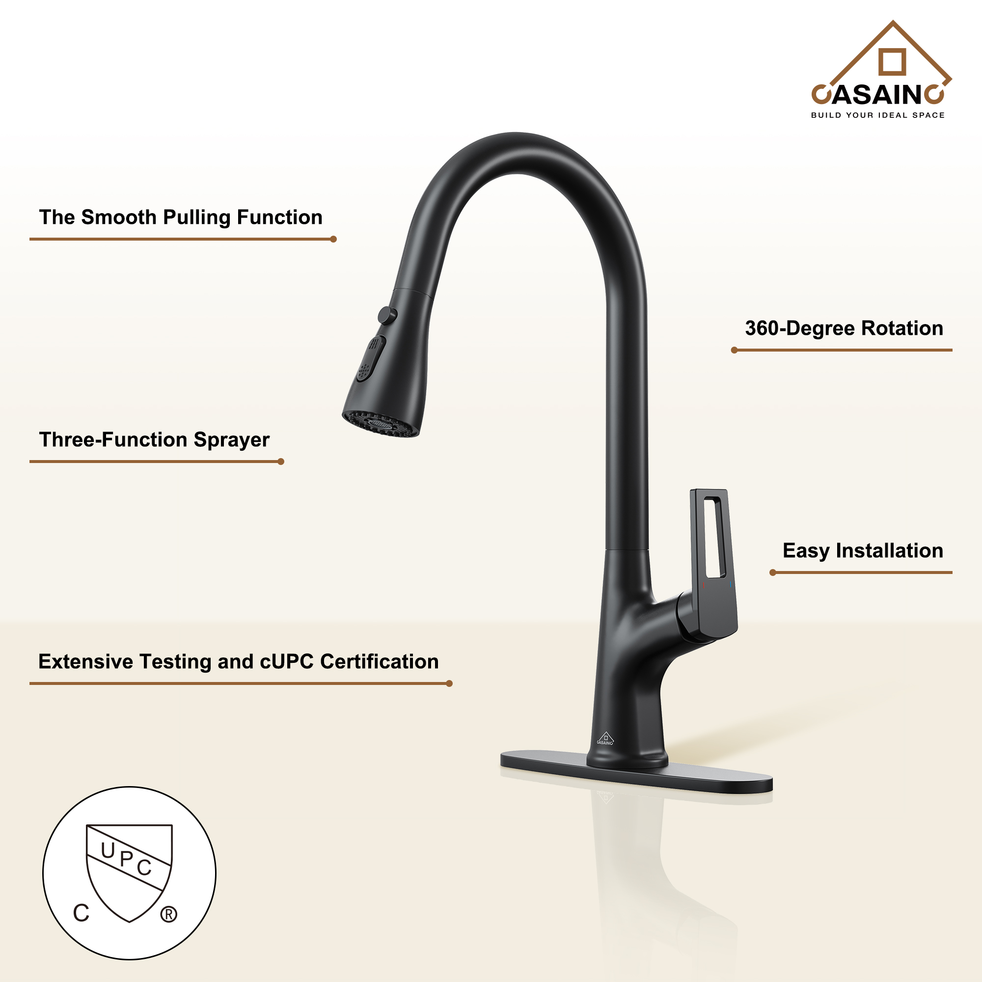 CASAINC Single-Handle Pull-Out Kitchen Faucet in Brushed Nickel/Matte Black/Matte White/Brushed Gold