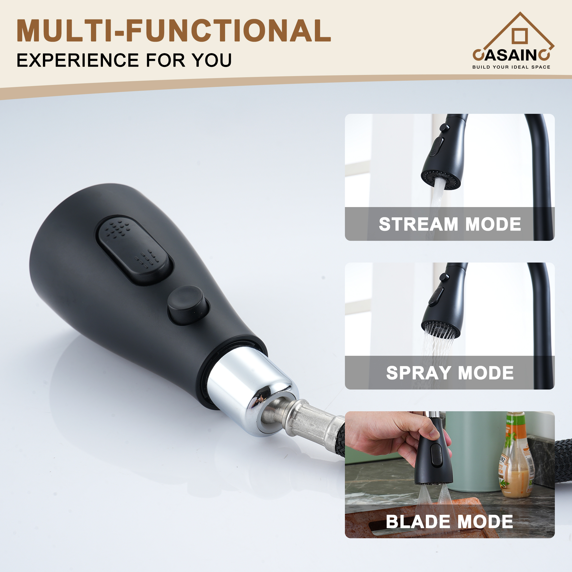 CASAINC Single-Handle Pull-Out Kitchen Faucet in Brushed Nickel/Matte Black/Matte White/Brushed Gold