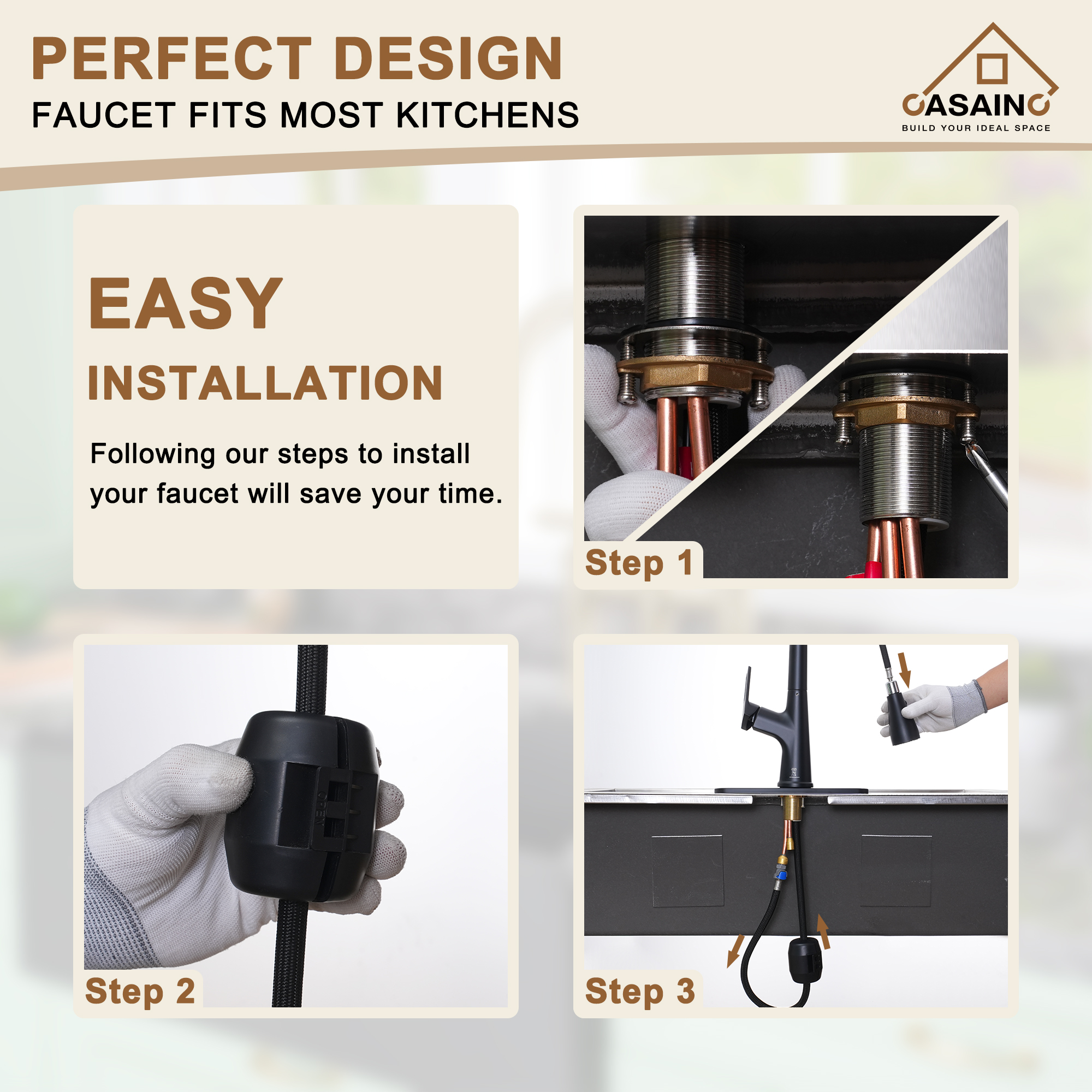 CASAINC Single-Handle Pull-Out Kitchen Faucet in Brushed Nickel/Matte Black/Matte White/Brushed Gold