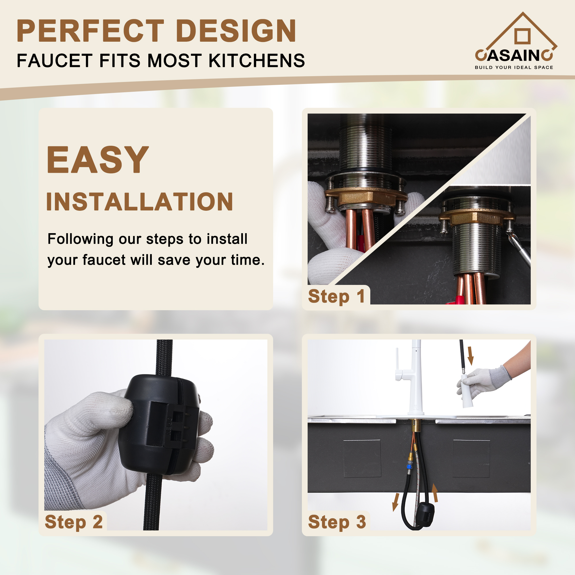 CASAINC Single-Handle Pull-Out Kitchen Faucet in Brushed Nickel/Matte Black/Matte White/Brushed Gold