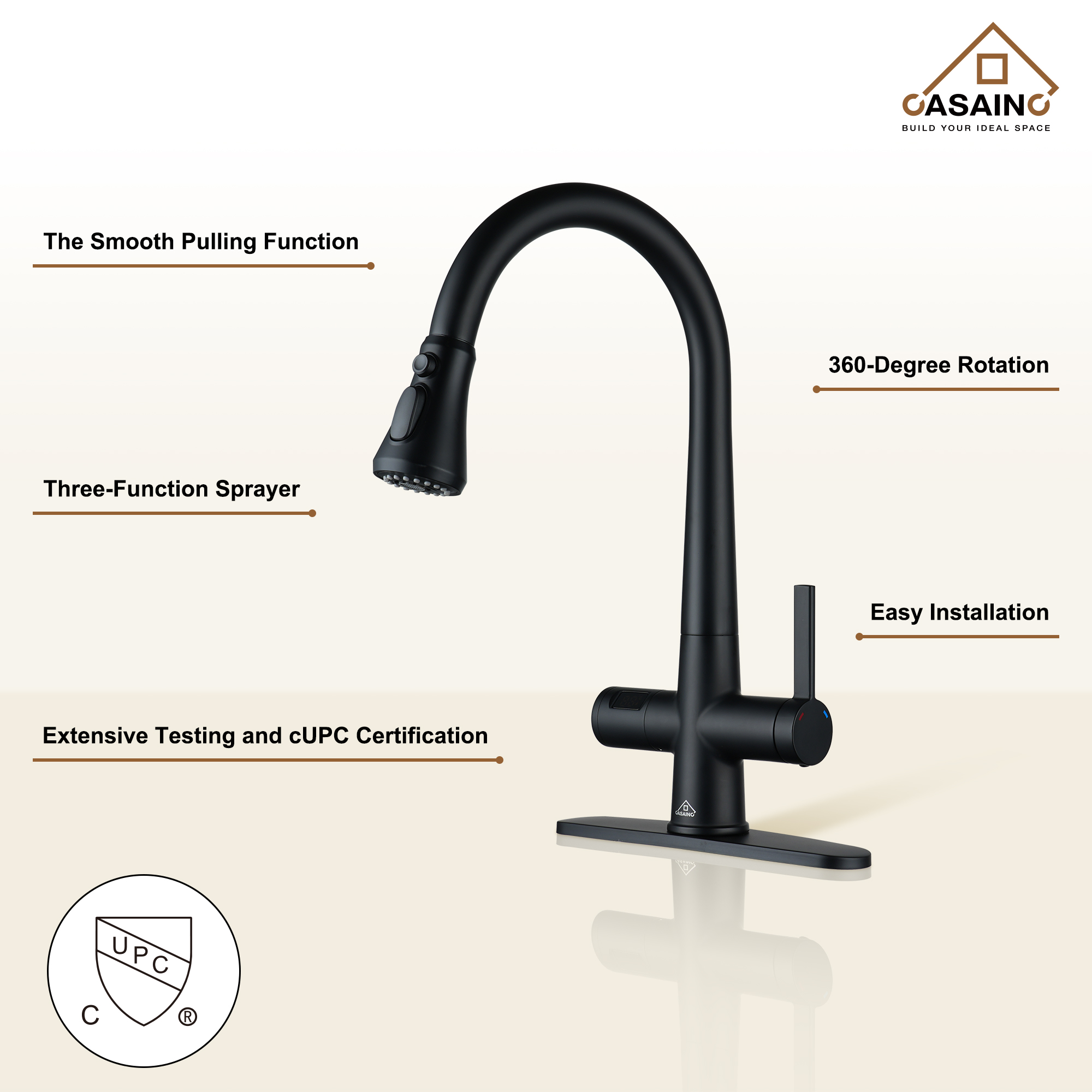 CASAINC Single-Handle Pull-Out Sprayer Kitchen Faucet with Digital Display