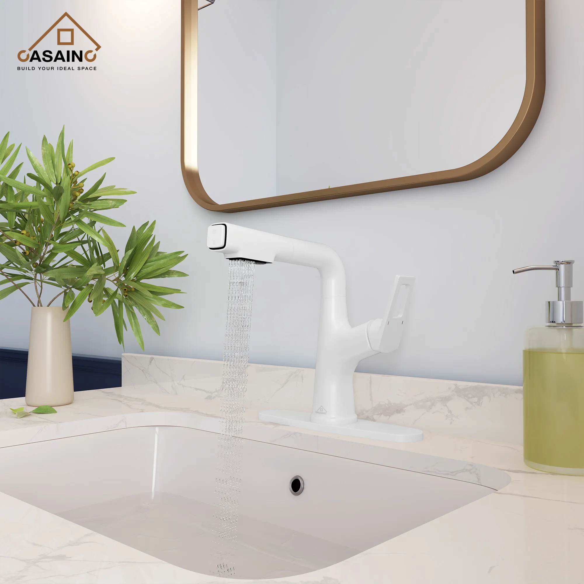 Luxury Bathroom Ideas with Matte White Faucet and Brushed Gold Antique Mirrors