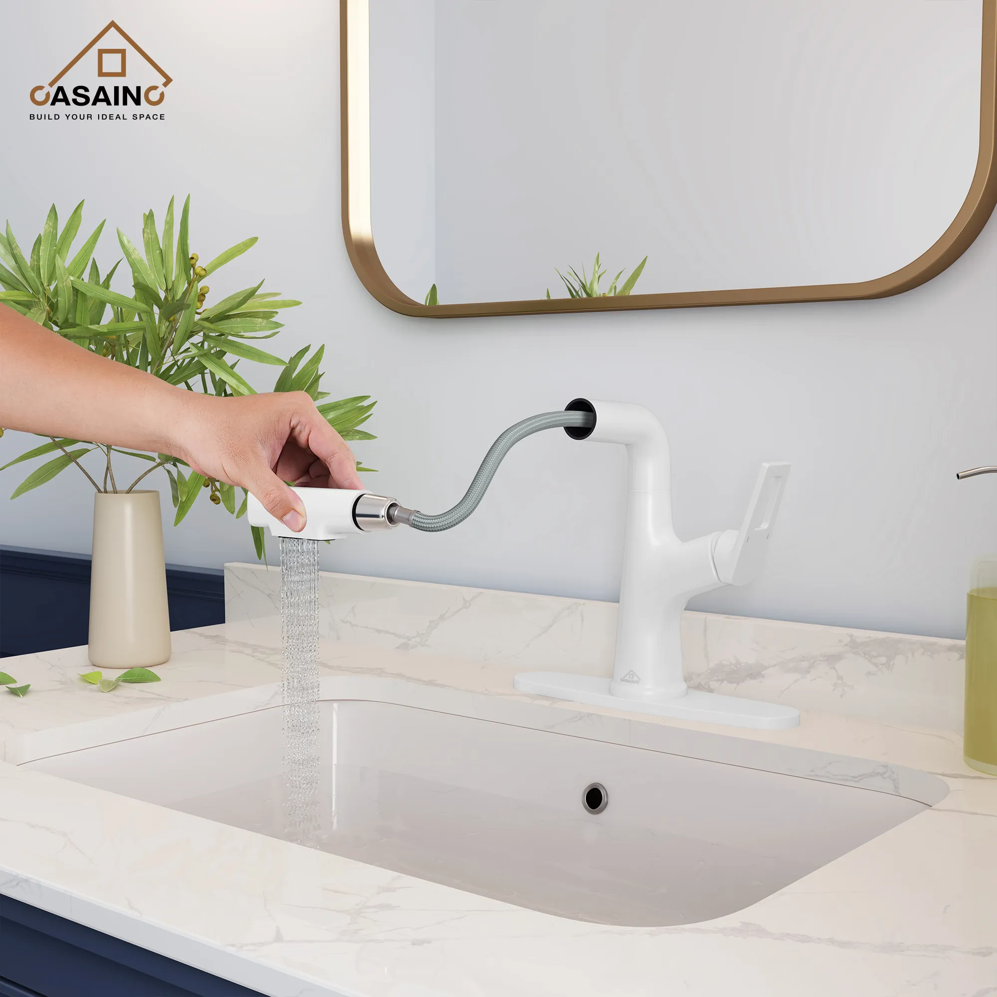 Small Bathroom With Matte White Faucet with Brushed Gold Statement Mirror in Natural Light