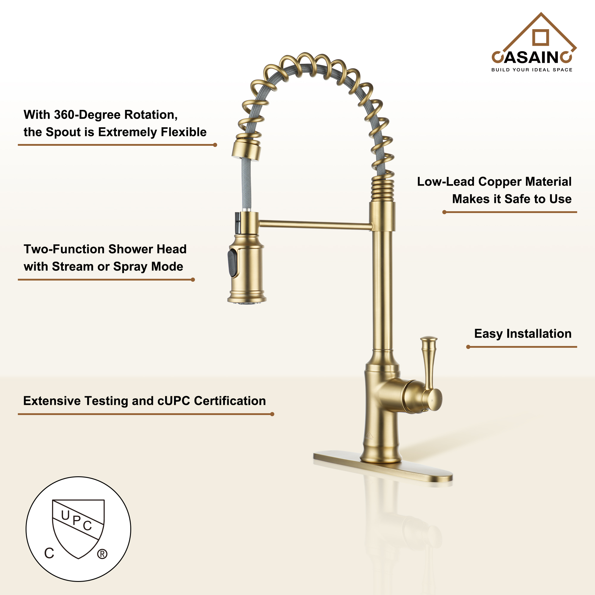 CASAINC CASAINC Single-Handle Spring Pull-Out Kitchen Faucet in Brushed Nickel/Matte Black/Matte White/Brushed Gold