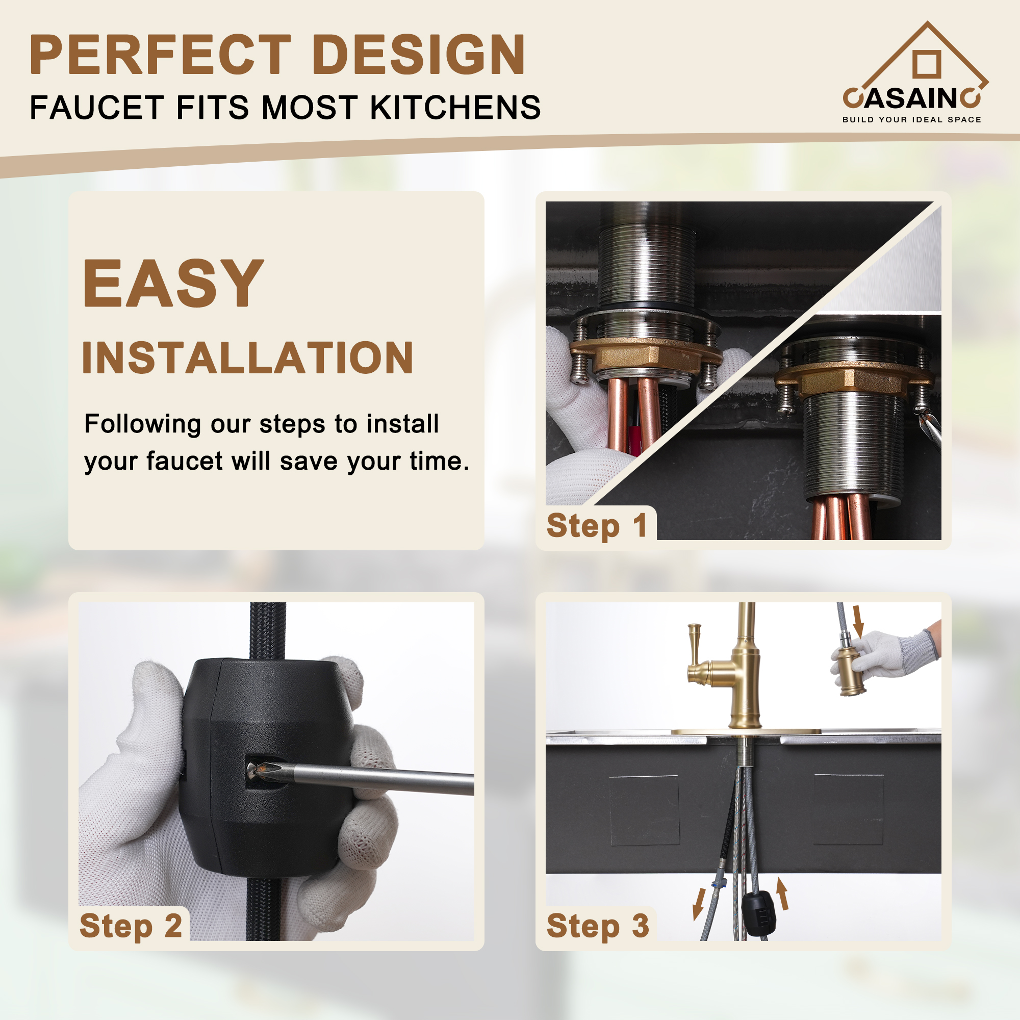 CASAINC CASAINC Single-Handle Spring Pull-Out Kitchen Faucet in Brushed Nickel/Matte Black/Matte White/Brushed Gold