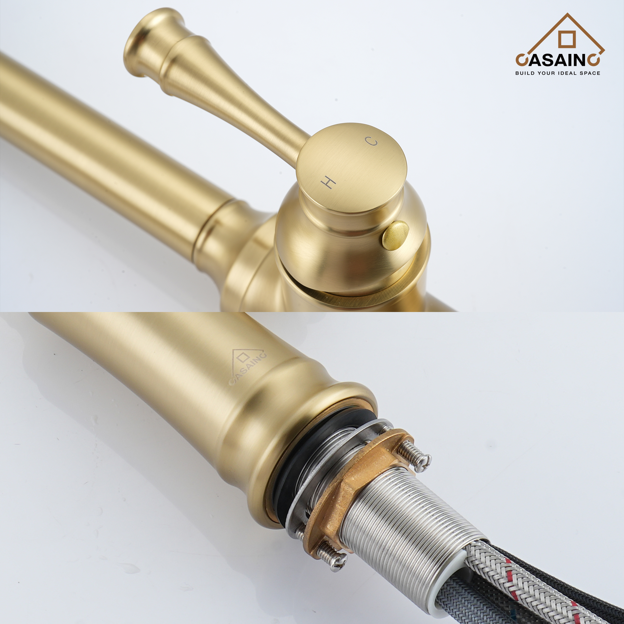 CASAINC CASAINC Single-Handle Spring Pull-Out Kitchen Faucet in Brushed Nickel/Matte Black/Matte White/Brushed Gold