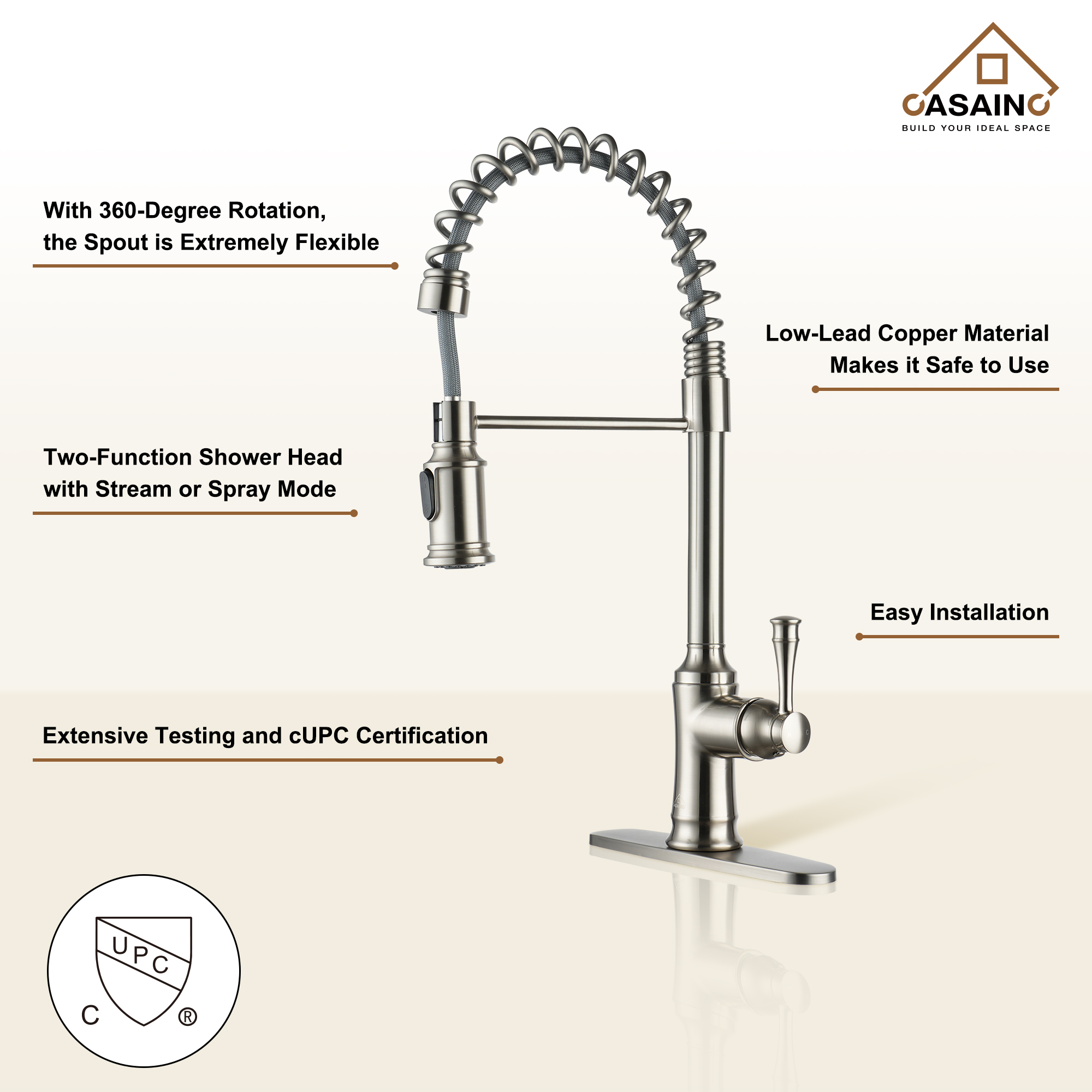 CASAINC CASAINC Single-Handle Spring Pull-Out Kitchen Faucet in Brushed Nickel/Matte Black/Matte White/Brushed Gold