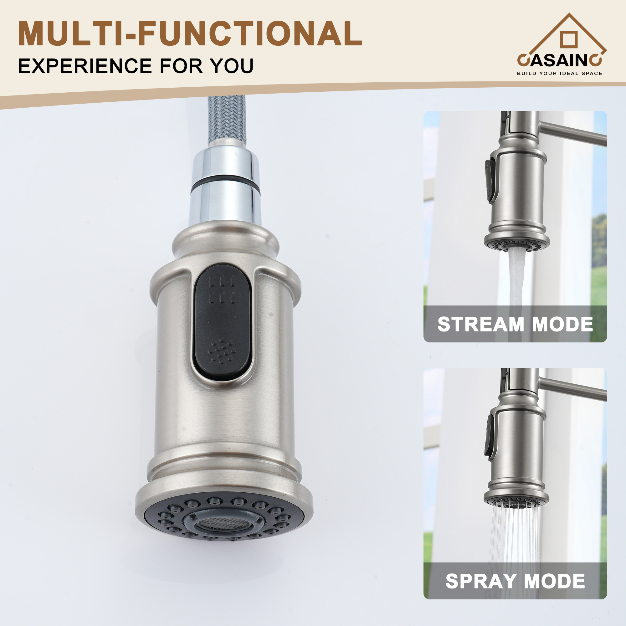 CASAINC CASAINC Single-Handle Spring Pull-Out Kitchen Faucet in Brushed Nickel/Matte Black/Matte White/Brushed Gold