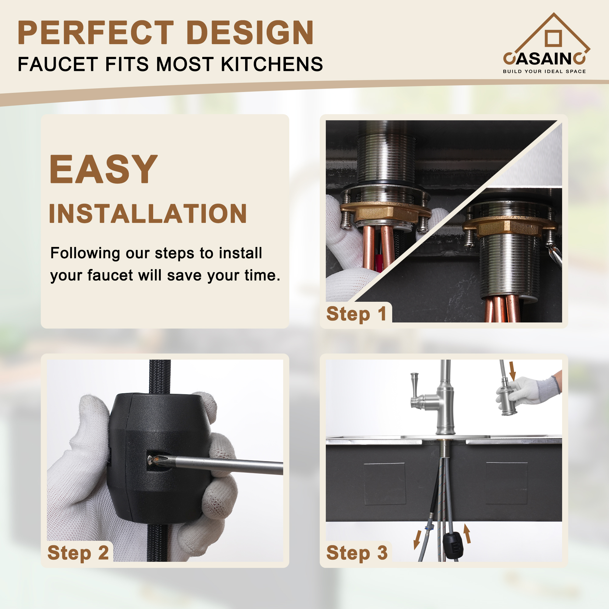 CASAINC CASAINC Single-Handle Spring Pull-Out Kitchen Faucet in Brushed Nickel/Matte Black/Matte White/Brushed Gold