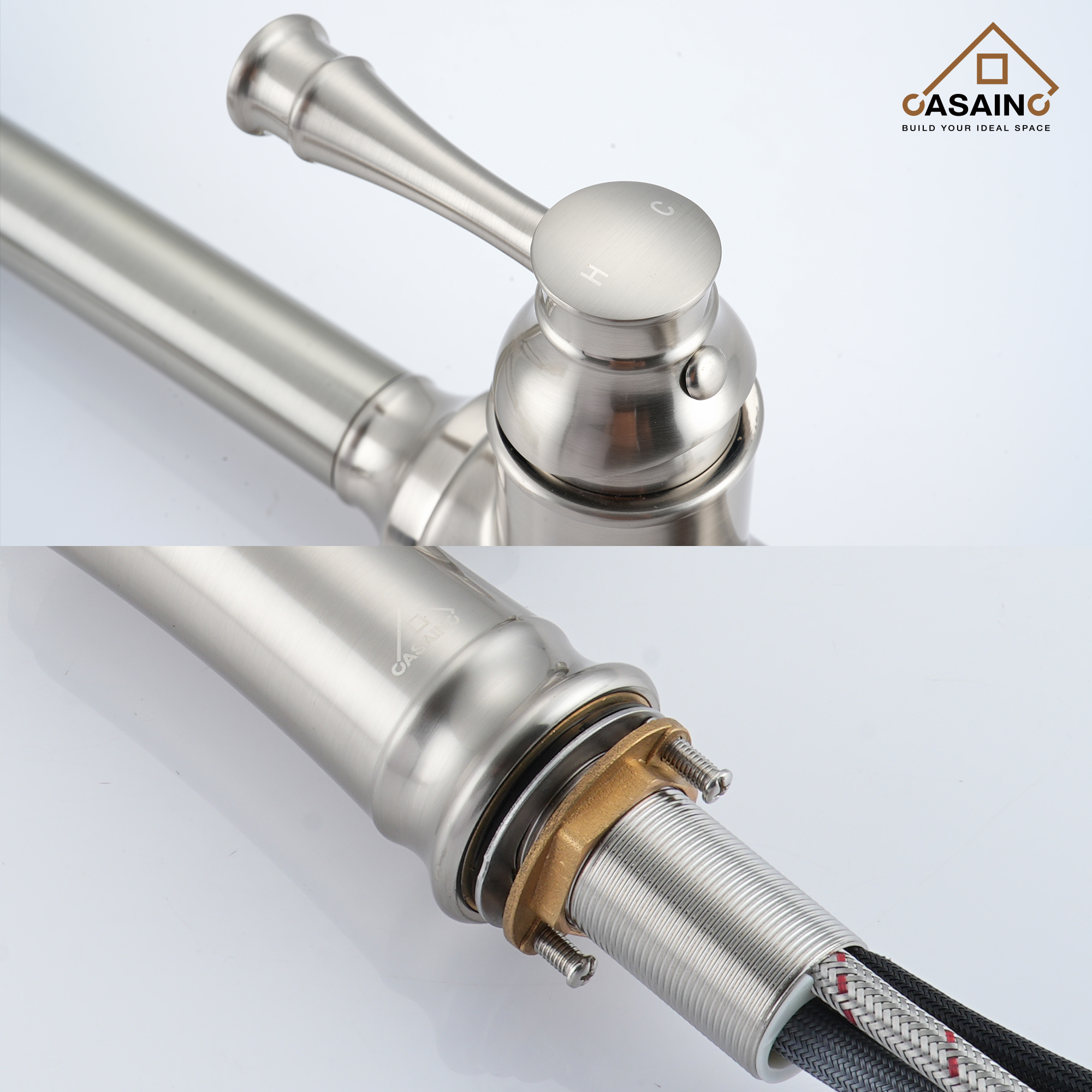 CASAINC CASAINC Single-Handle Spring Pull-Out Kitchen Faucet in Brushed Nickel/Matte Black/Matte White/Brushed Gold