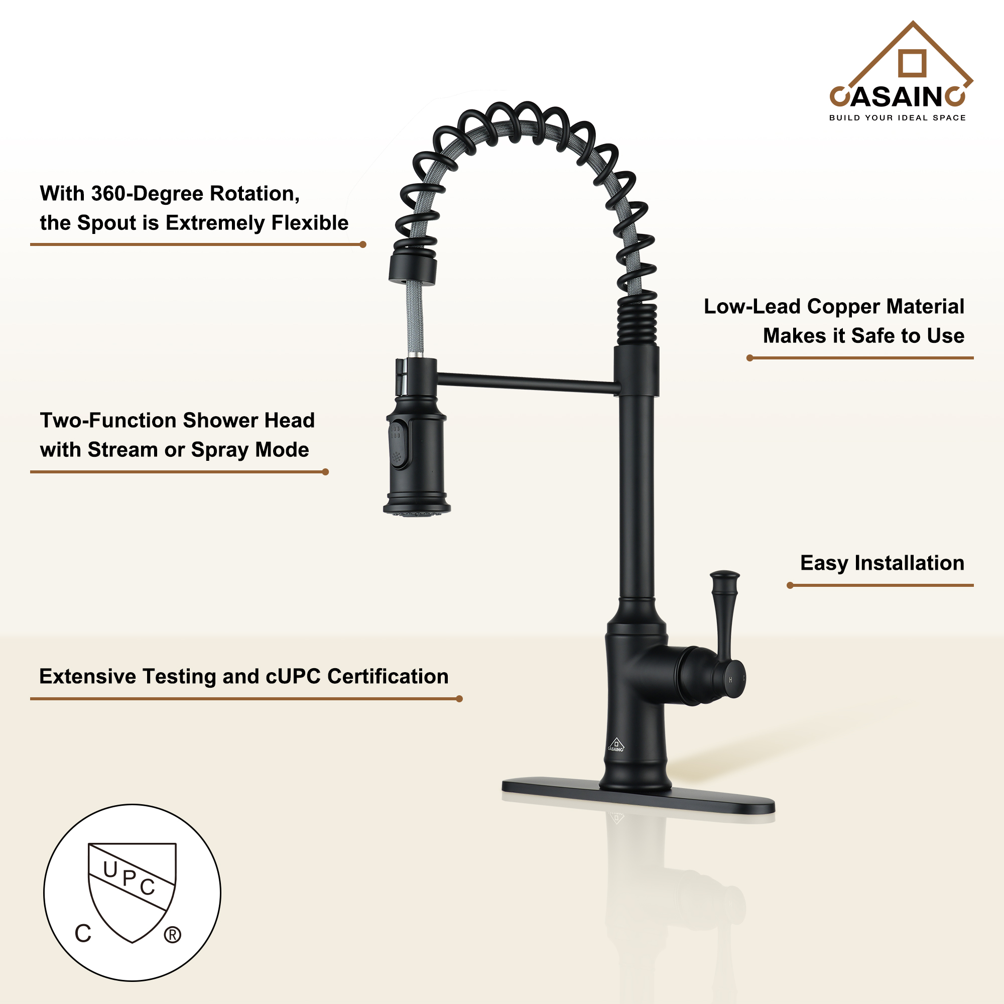 CASAINC CASAINC Single-Handle Spring Pull-Out Kitchen Faucet in Brushed Nickel/Matte Black/Matte White/Brushed Gold