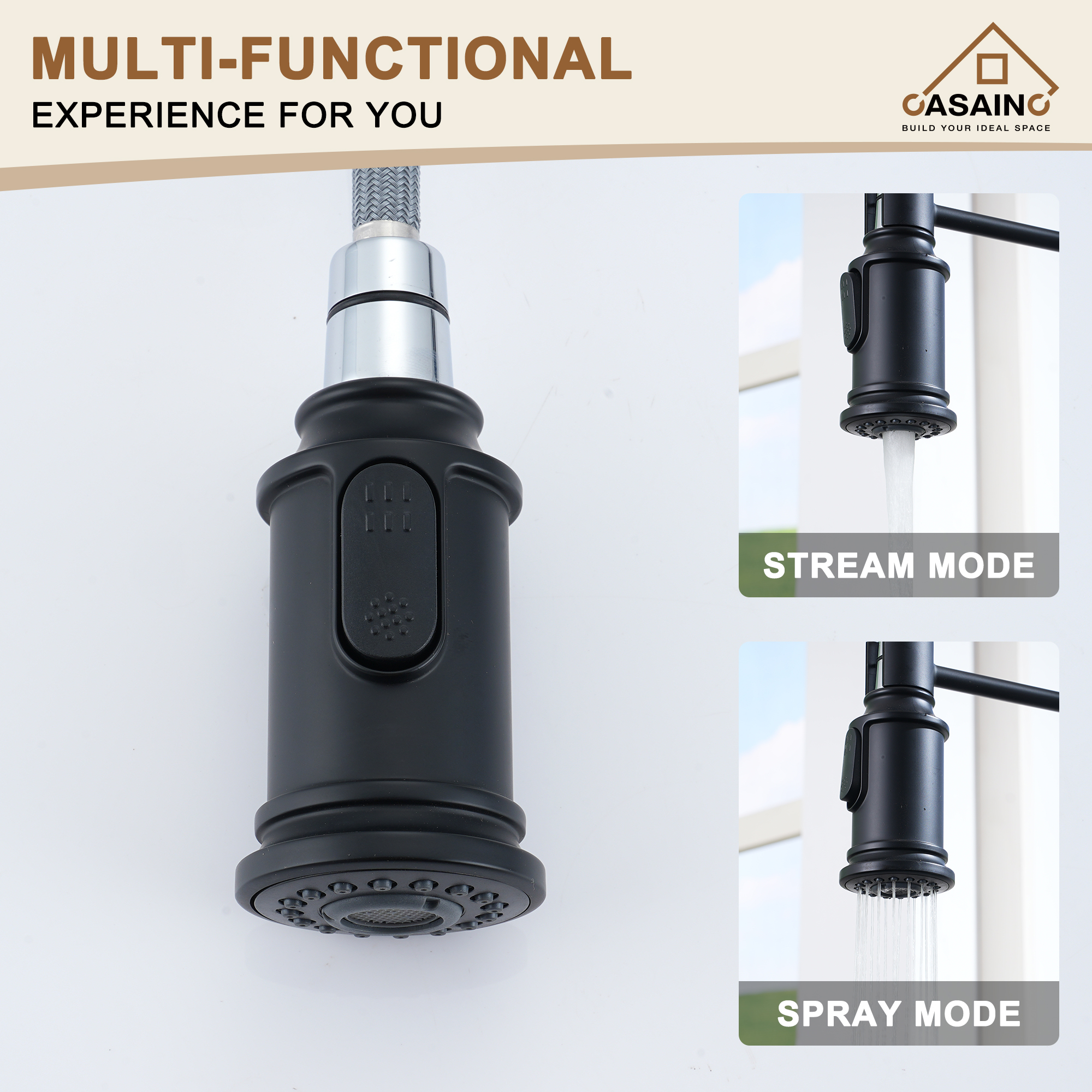 CASAINC CASAINC Single-Handle Spring Pull-Out Kitchen Faucet in Brushed Nickel/Matte Black/Matte White/Brushed Gold