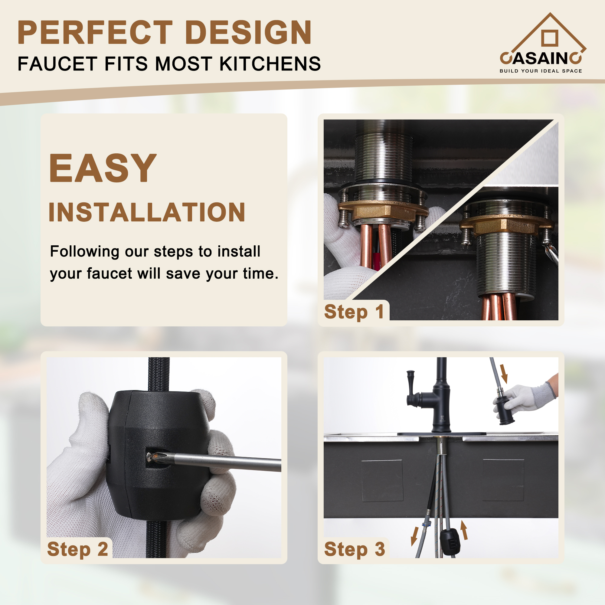 CASAINC CASAINC Single-Handle Spring Pull-Out Kitchen Faucet in Brushed Nickel/Matte Black/Matte White/Brushed Gold