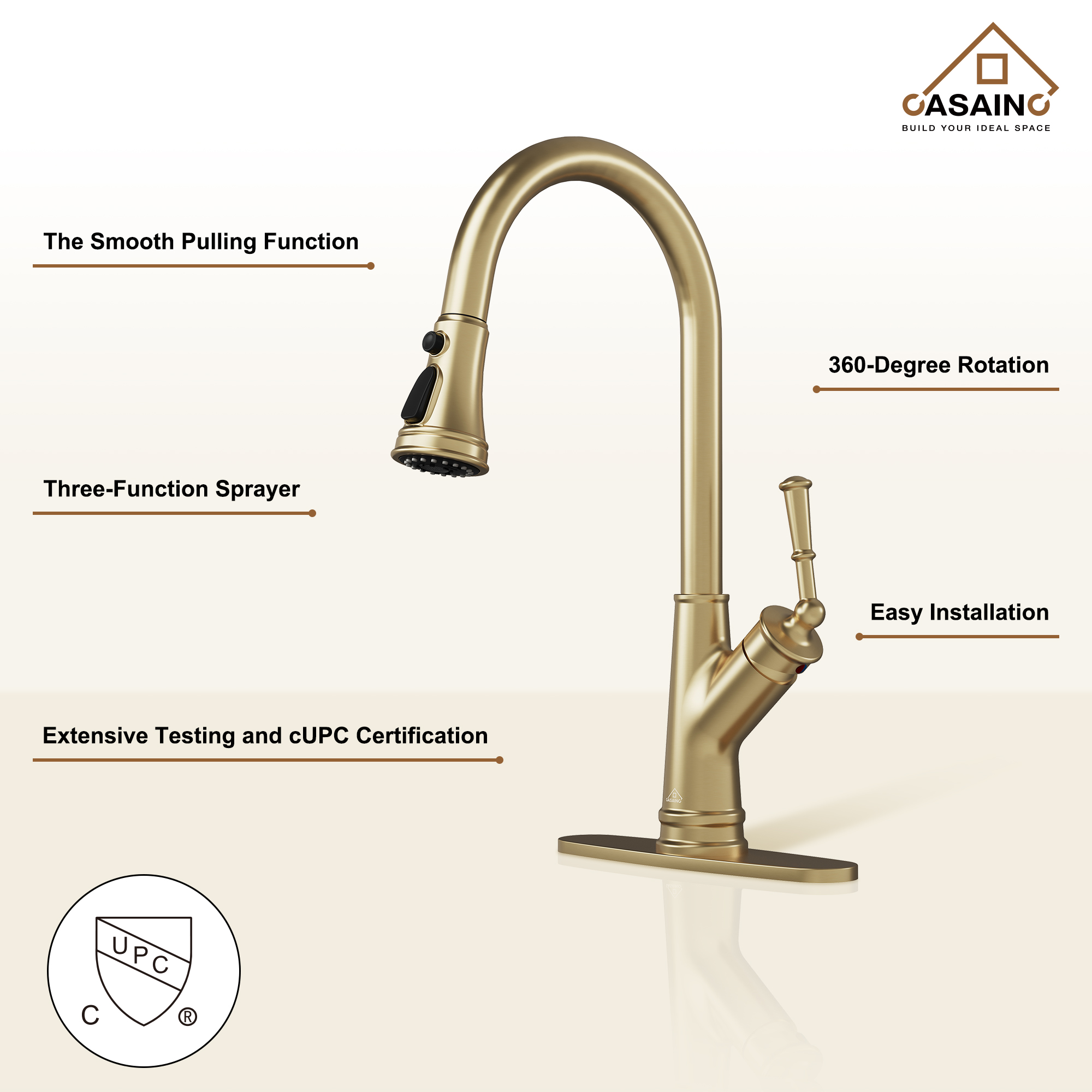 CASAINC Single-Handle Kitchen Faucet with Pull-Out Sprayer in Brushed Nickel/Matte Black/Matte White/Brushed Gold