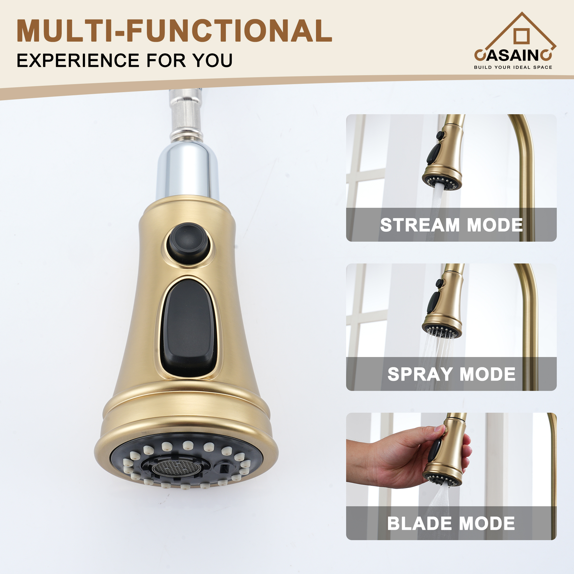 CASAINC Single-Handle Kitchen Faucet with Pull-Out Sprayer in Brushed Nickel/Matte Black/Matte White/Brushed Gold