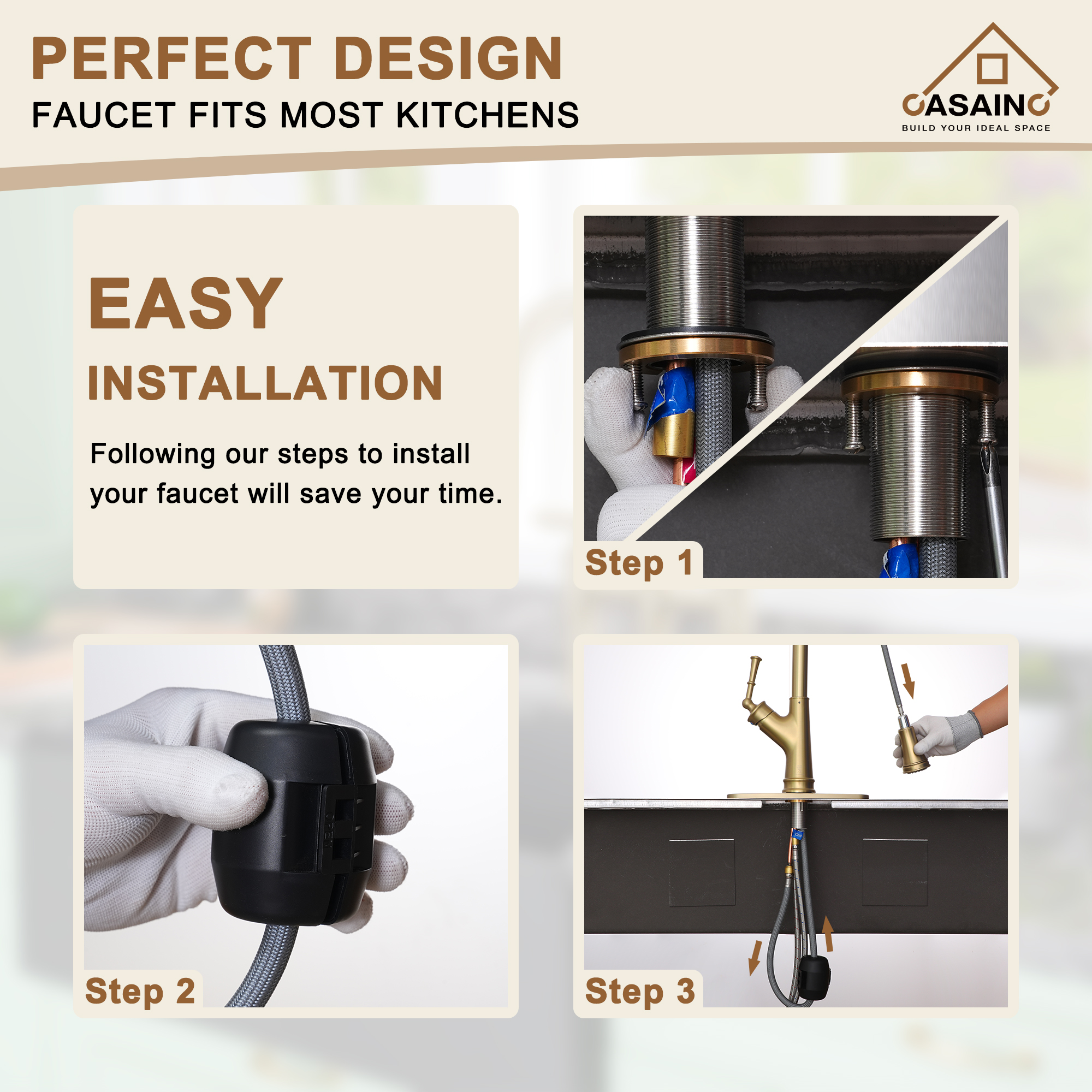 CASAINC Single-Handle Kitchen Faucet with Pull-Out Sprayer in Brushed Nickel/Matte Black/Matte White/Brushed Gold