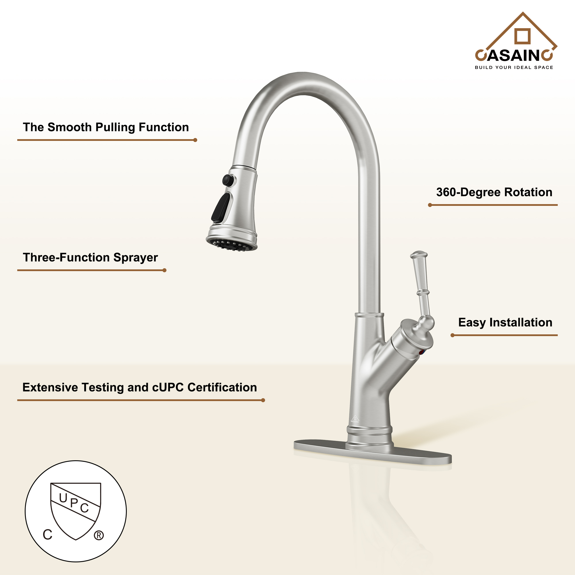 CASAINC Single-Handle Kitchen Faucet with Pull-Out Sprayer in Brushed Nickel/Matte Black/Matte White/Brushed Gold