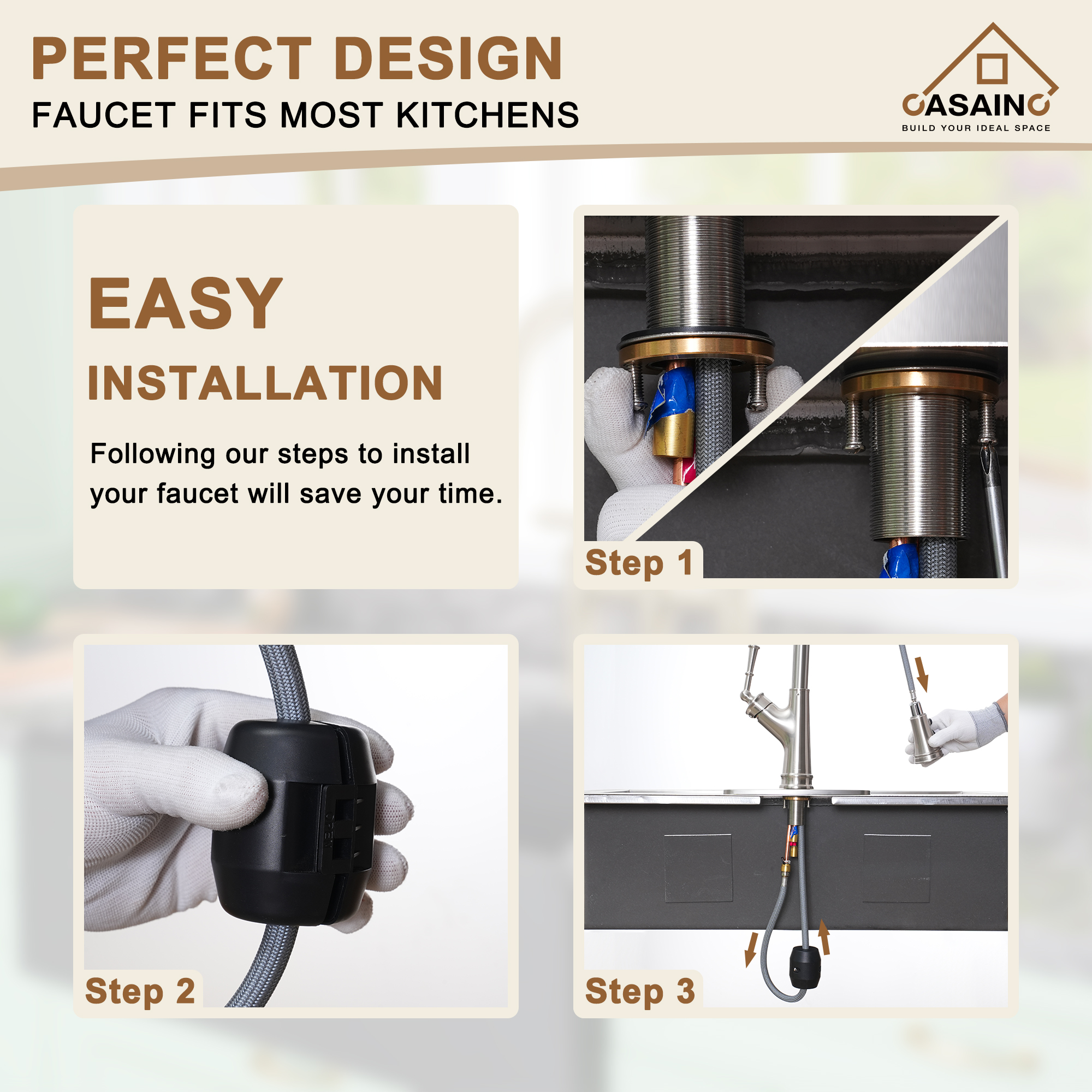 CASAINC Single-Handle Kitchen Faucet with Pull-Out Sprayer in Brushed Nickel/Matte Black/Matte White/Brushed Gold