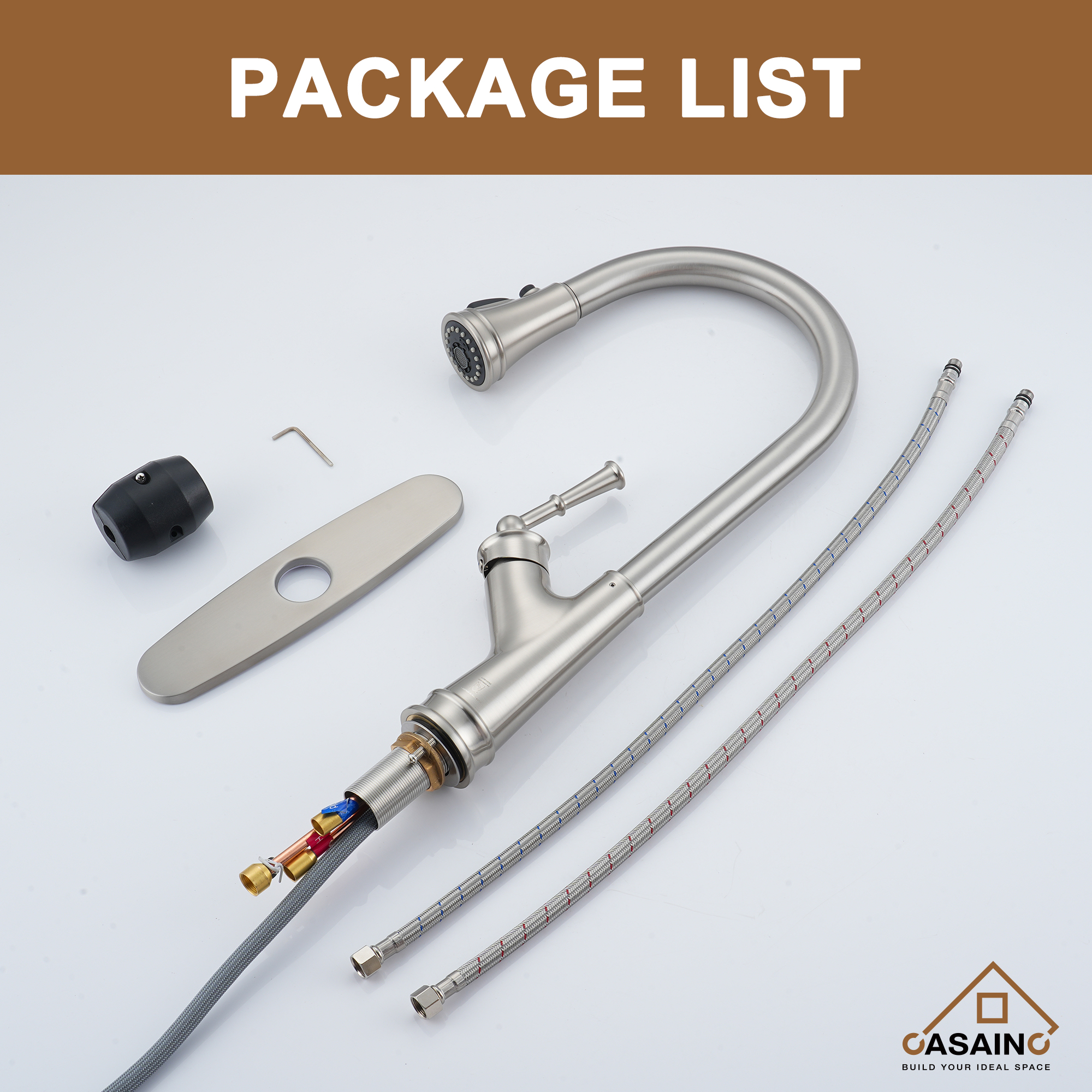 CASAINC Single-Handle Kitchen Faucet with Pull-Out Sprayer in Brushed Nickel/Matte Black/Matte White/Brushed Gold