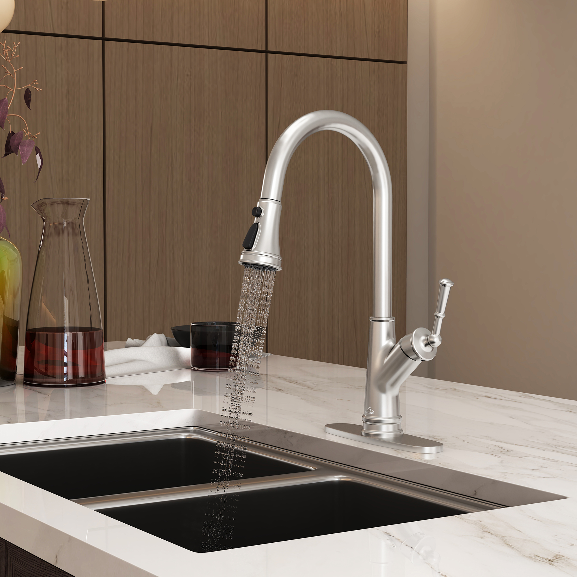 CASAINC Single-Handle Kitchen Faucet with Pull-Out Sprayer in Brushed Nickel/Matte Black/Matte White/Brushed Gold