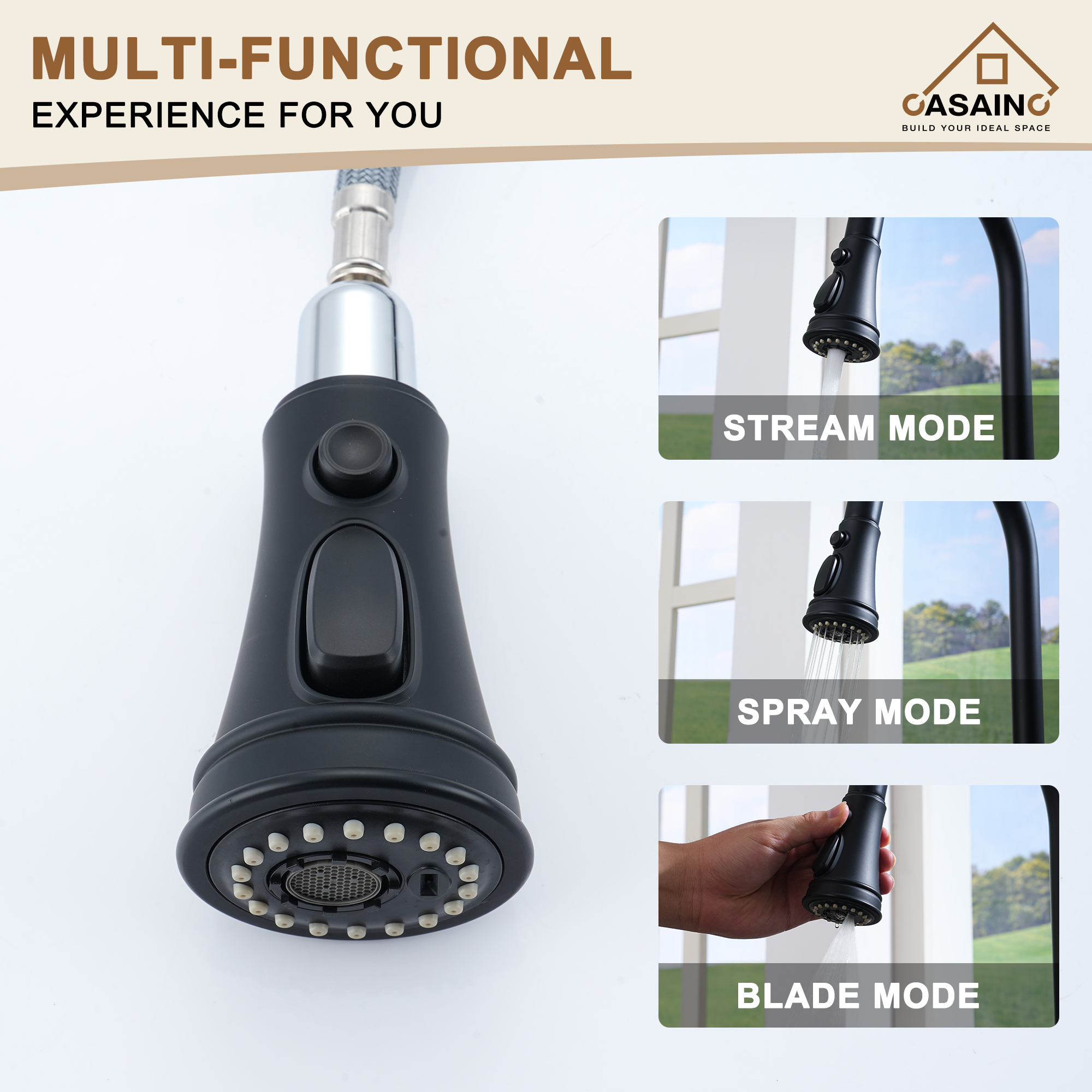 CASAINC Single-Handle Kitchen Faucet with Pull-Out Sprayer in Brushed Nickel/Matte Black/Matte White/Brushed Gold