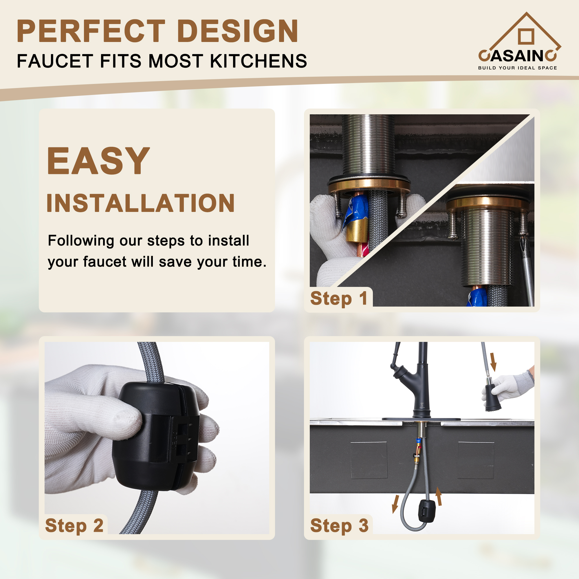 CASAINC Single-Handle Kitchen Faucet with Pull-Out Sprayer in Brushed Nickel/Matte Black/Matte White/Brushed Gold