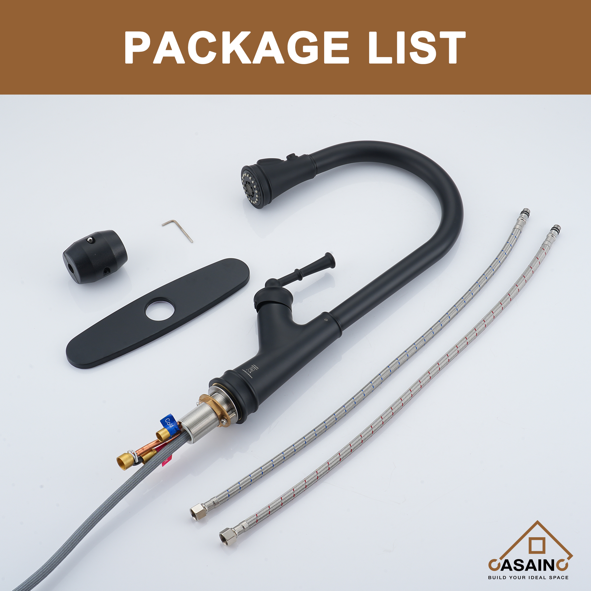 CASAINC Single-Handle Kitchen Faucet with Pull-Out Sprayer in Brushed Nickel/Matte Black/Matte White/Brushed Gold