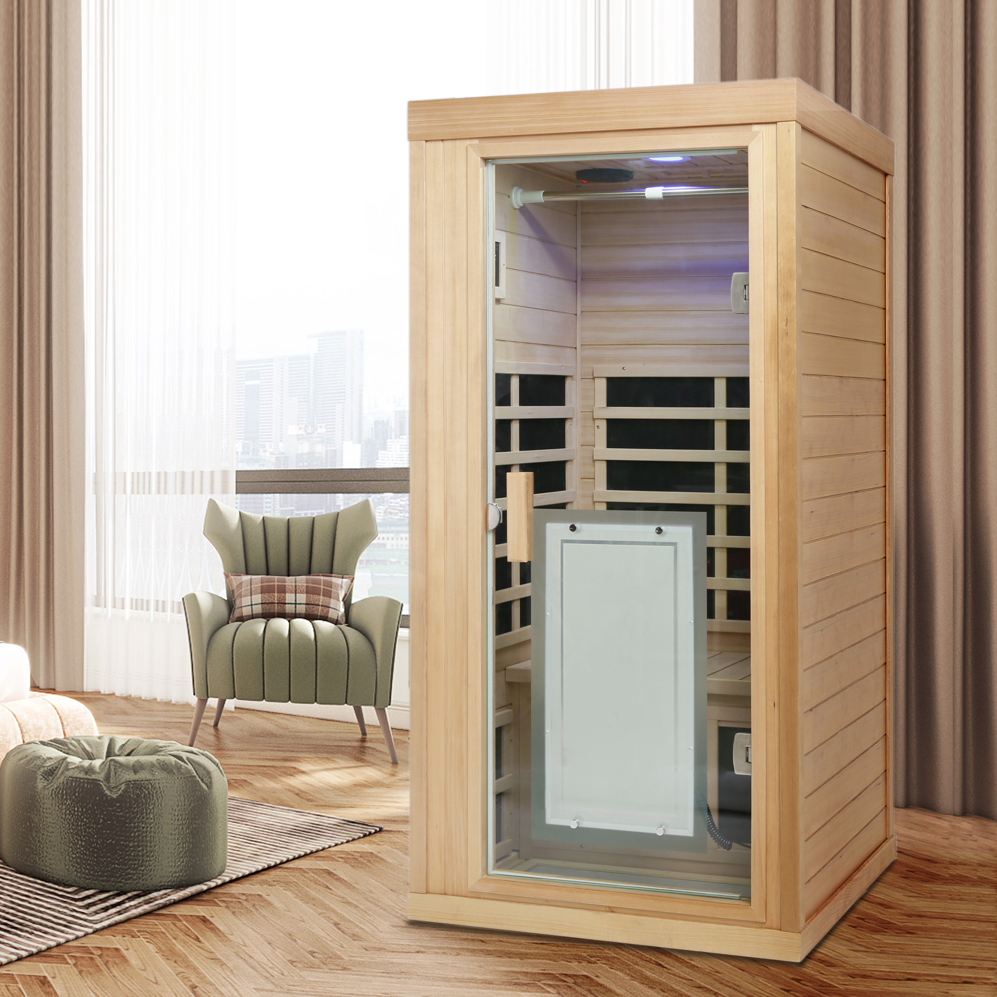 One Person Far Infrared Sauna Hemlock Indoor Sauna Room with Bluetooth & LED Lighting
