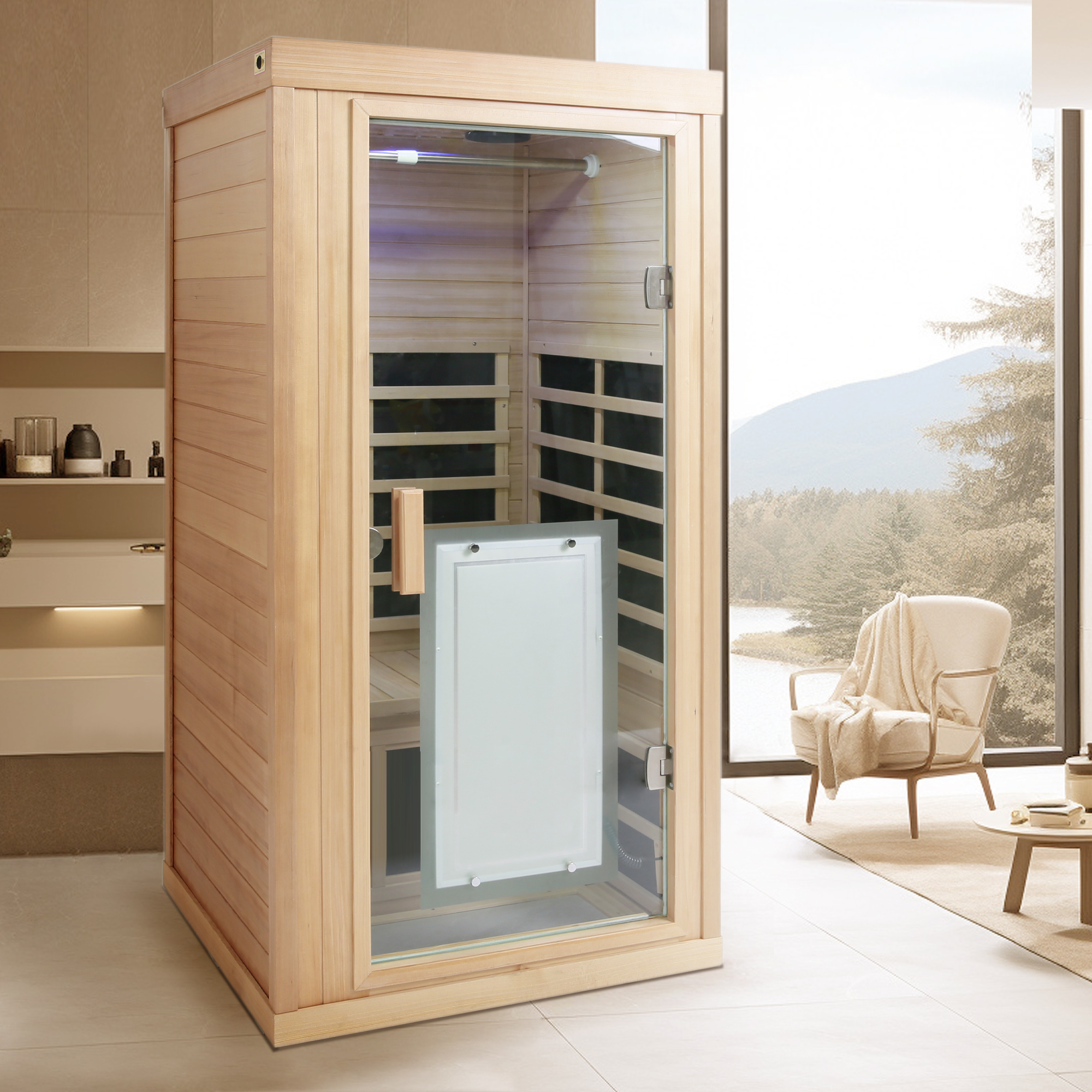 One Person Far Infrared Sauna Hemlock Indoor Sauna Room with Bluetooth & LED Lighting