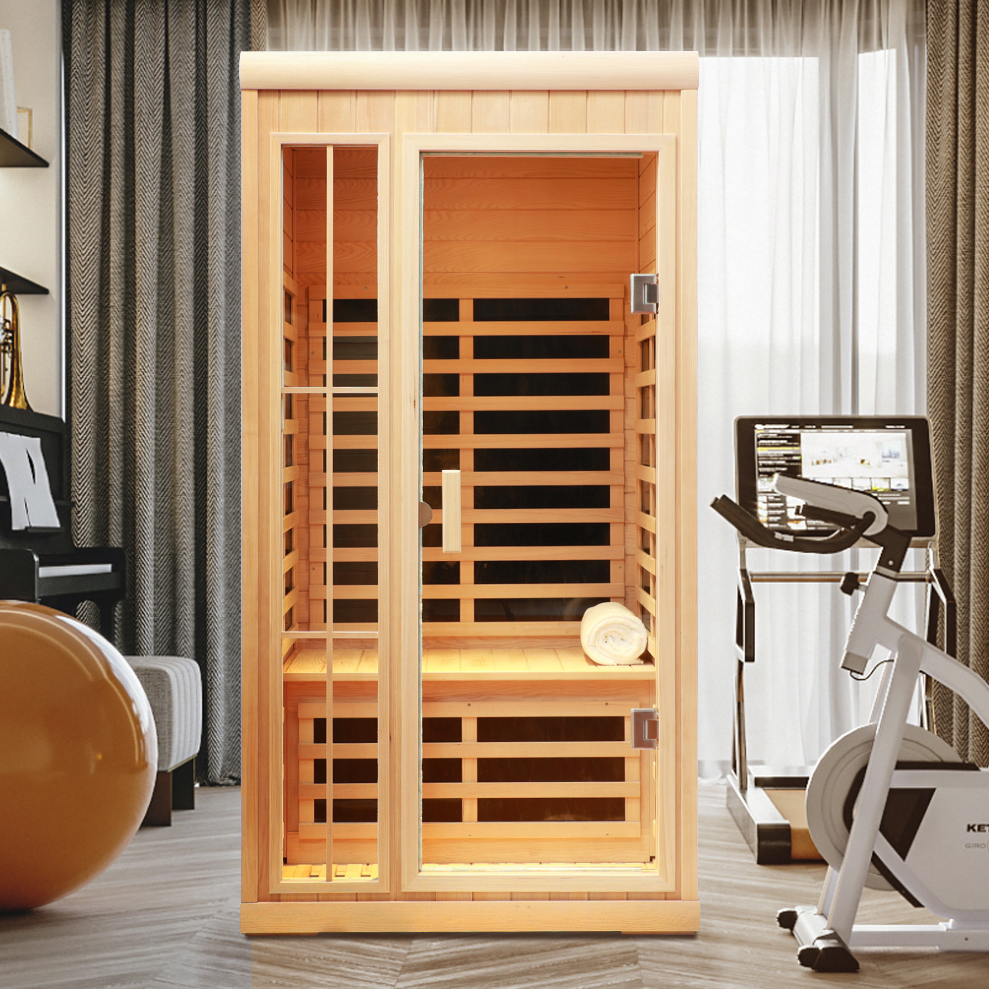 1-Person Hemlock Far Infrared Sauna with LED Lights, Bluetooth, and APP Control
