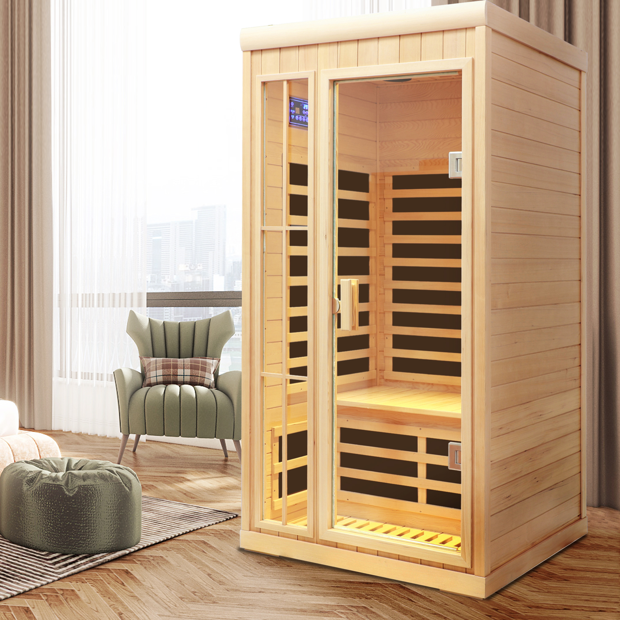 1-Person Hemlock Far Infrared Sauna with LED Lights, Bluetooth, and APP Control