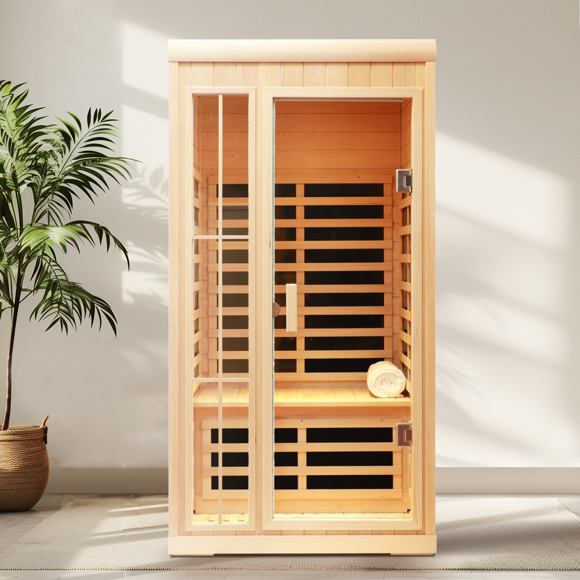 1-Person Hemlock Far Infrared Sauna with LED Lights, Bluetooth, and APP Control