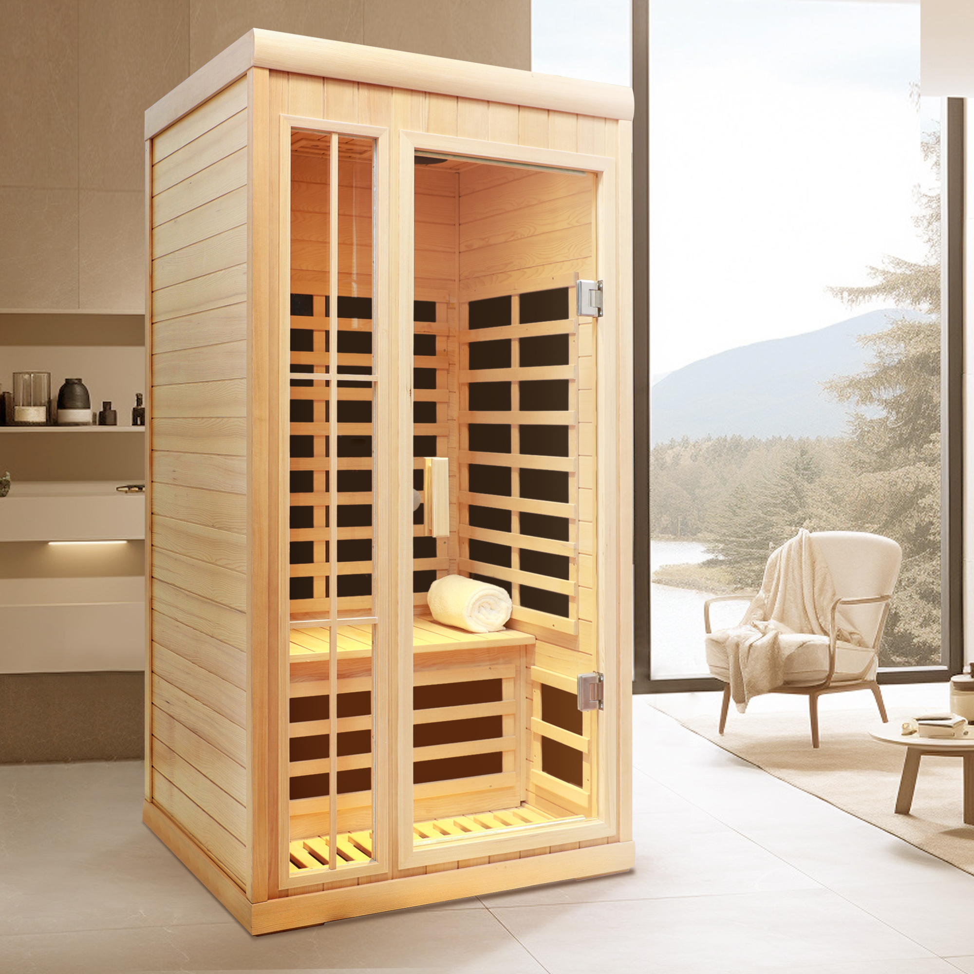 1-Person Hemlock Far Infrared Sauna with LED Lights, Bluetooth, and APP Control