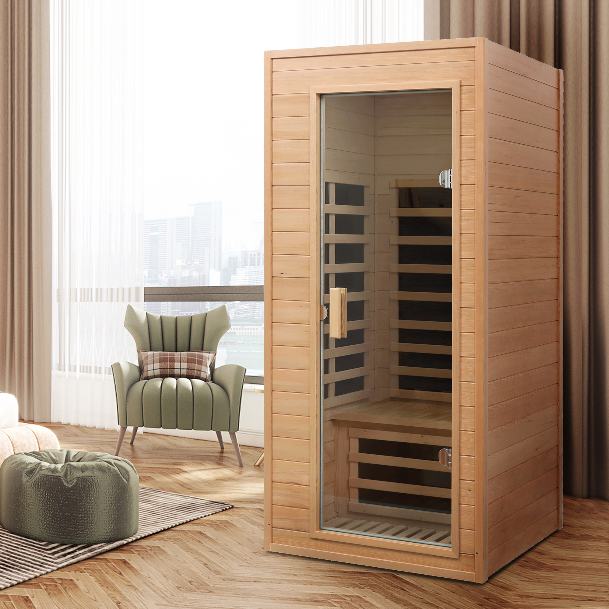 One Person Hemlock Far Infrared Indoor Sauna with Bluetooth & LCD Control