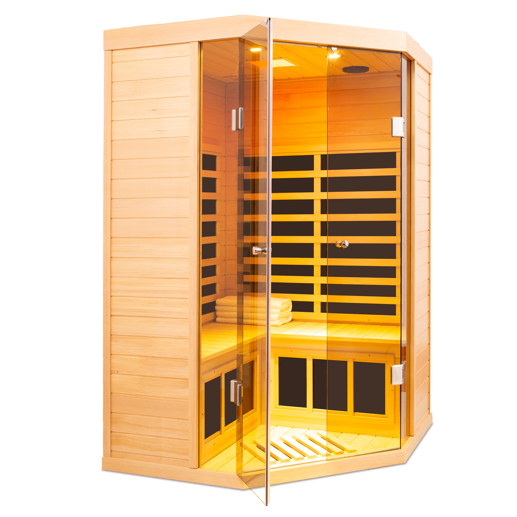 2-Person Corner Sauna Room Far Infrared Hemlock Sauna with Double Door