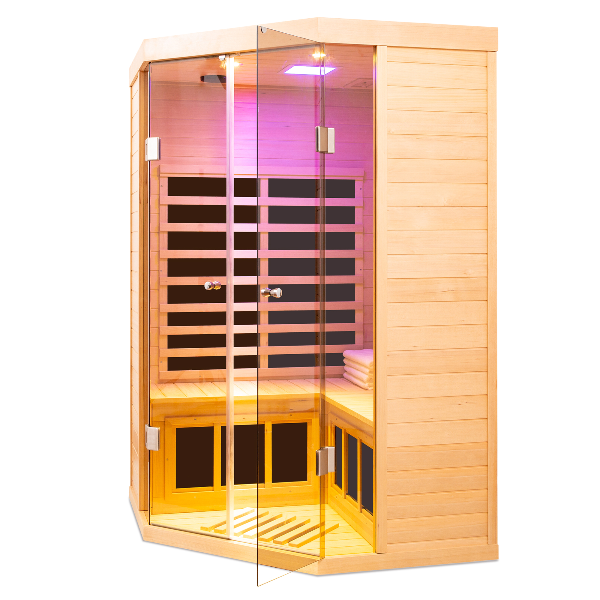 2-Person Corner Sauna Room Far Infrared Hemlock Sauna with Double Door