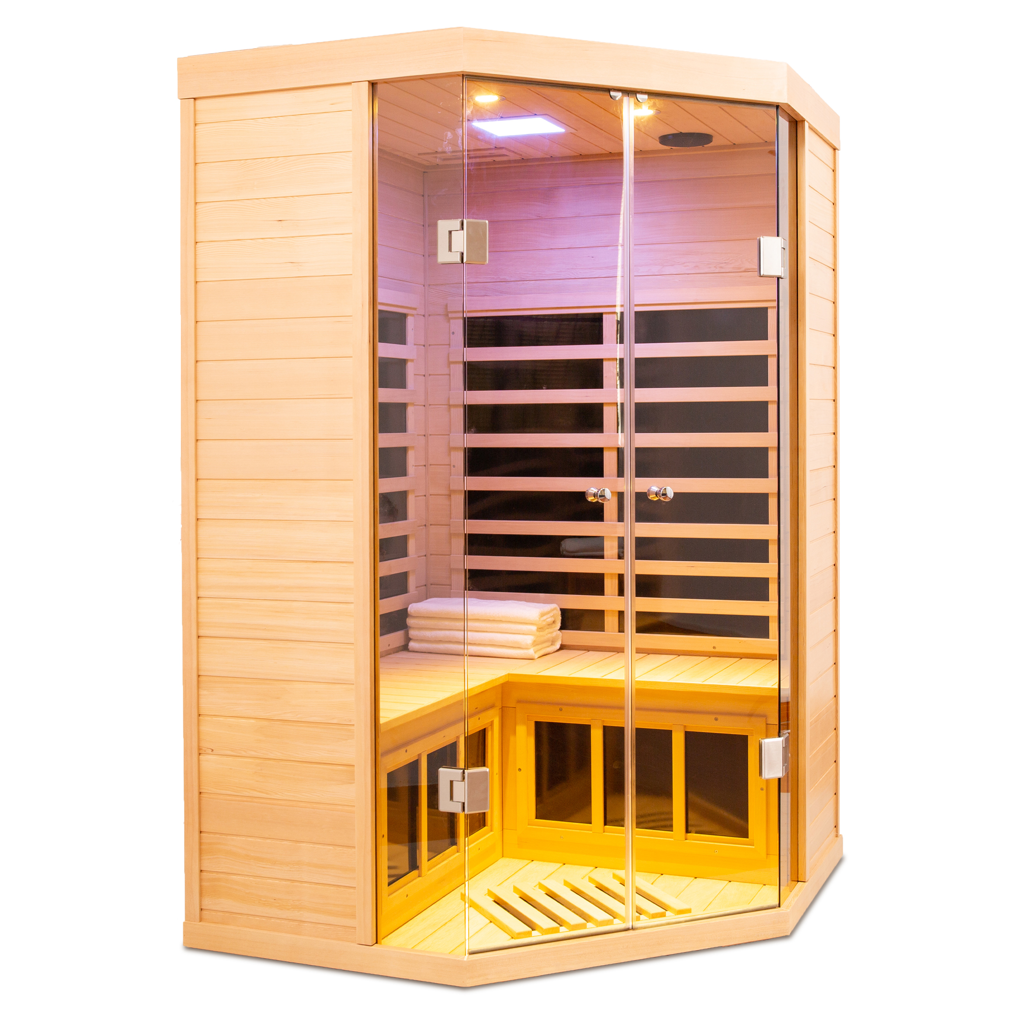 2-Person Corner Sauna Room Far Infrared Hemlock Sauna with Double Door