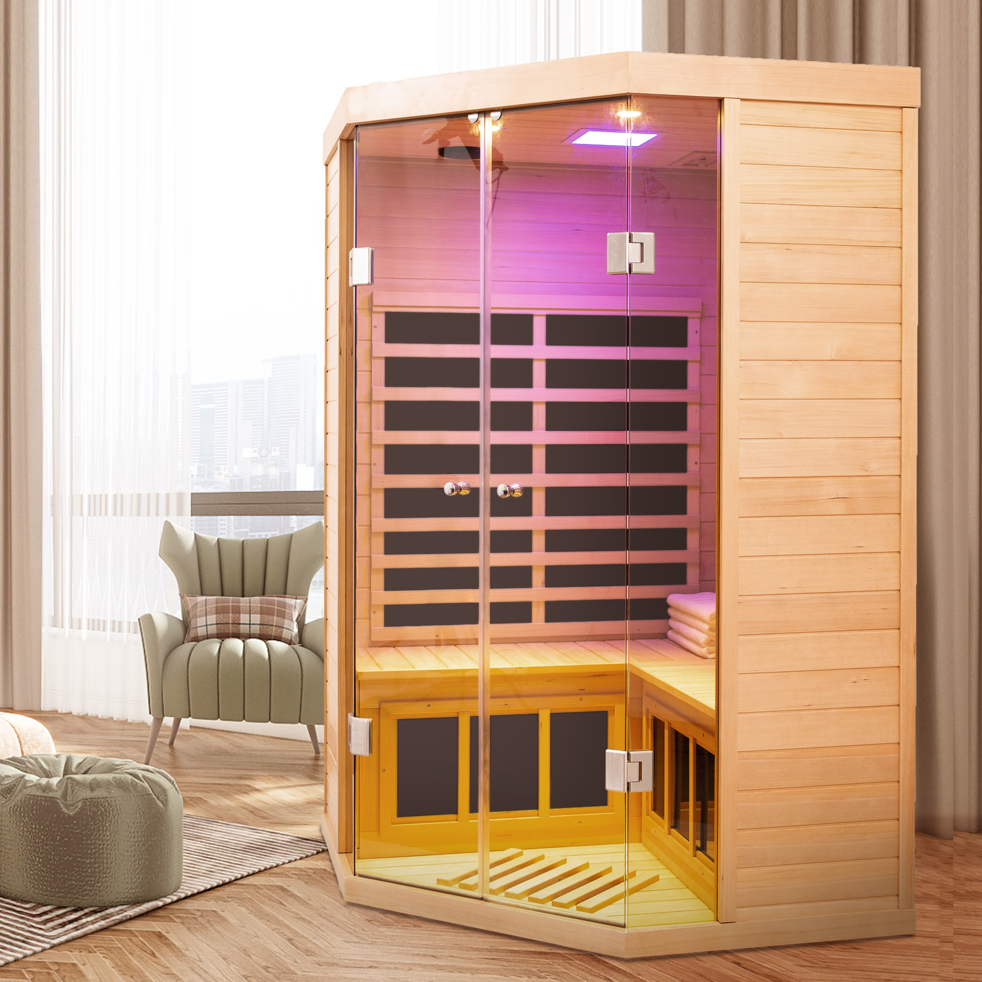 2-Person Corner Sauna Room Far Infrared Hemlock Sauna with Double Door
