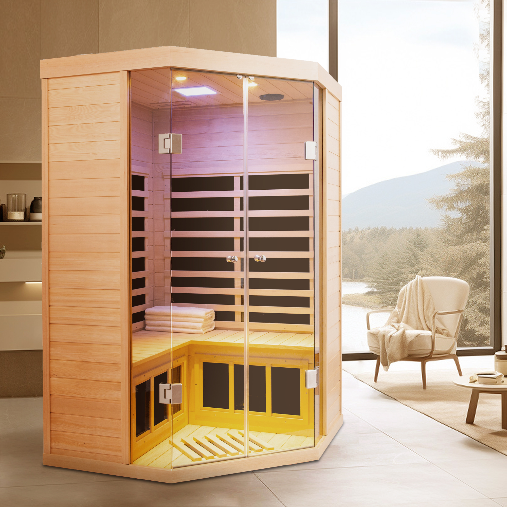 2-Person Corner Sauna Room Far Infrared Hemlock Sauna with Double Door