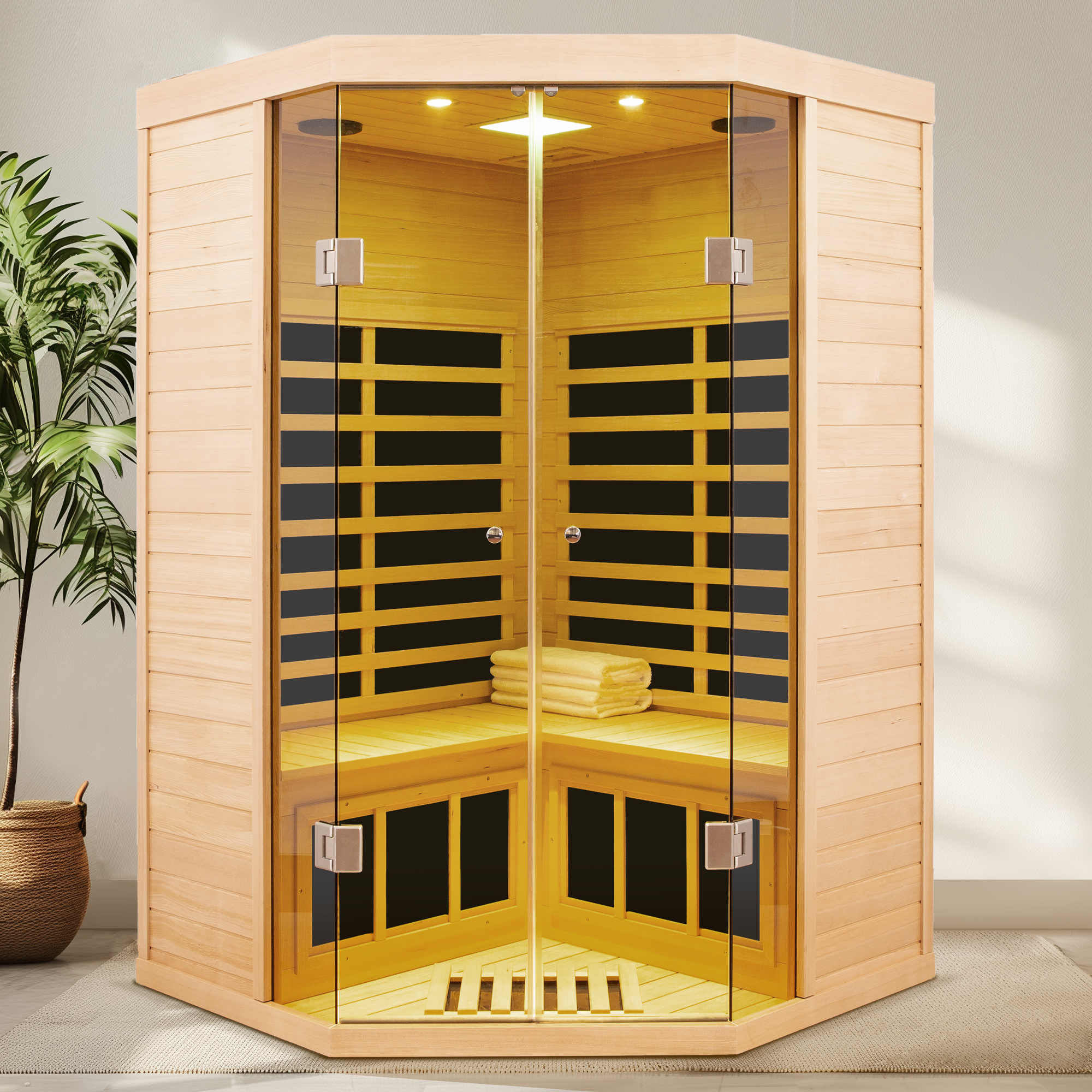 2-Person Corner Sauna Room Far Infrared Hemlock Sauna with Double Door
