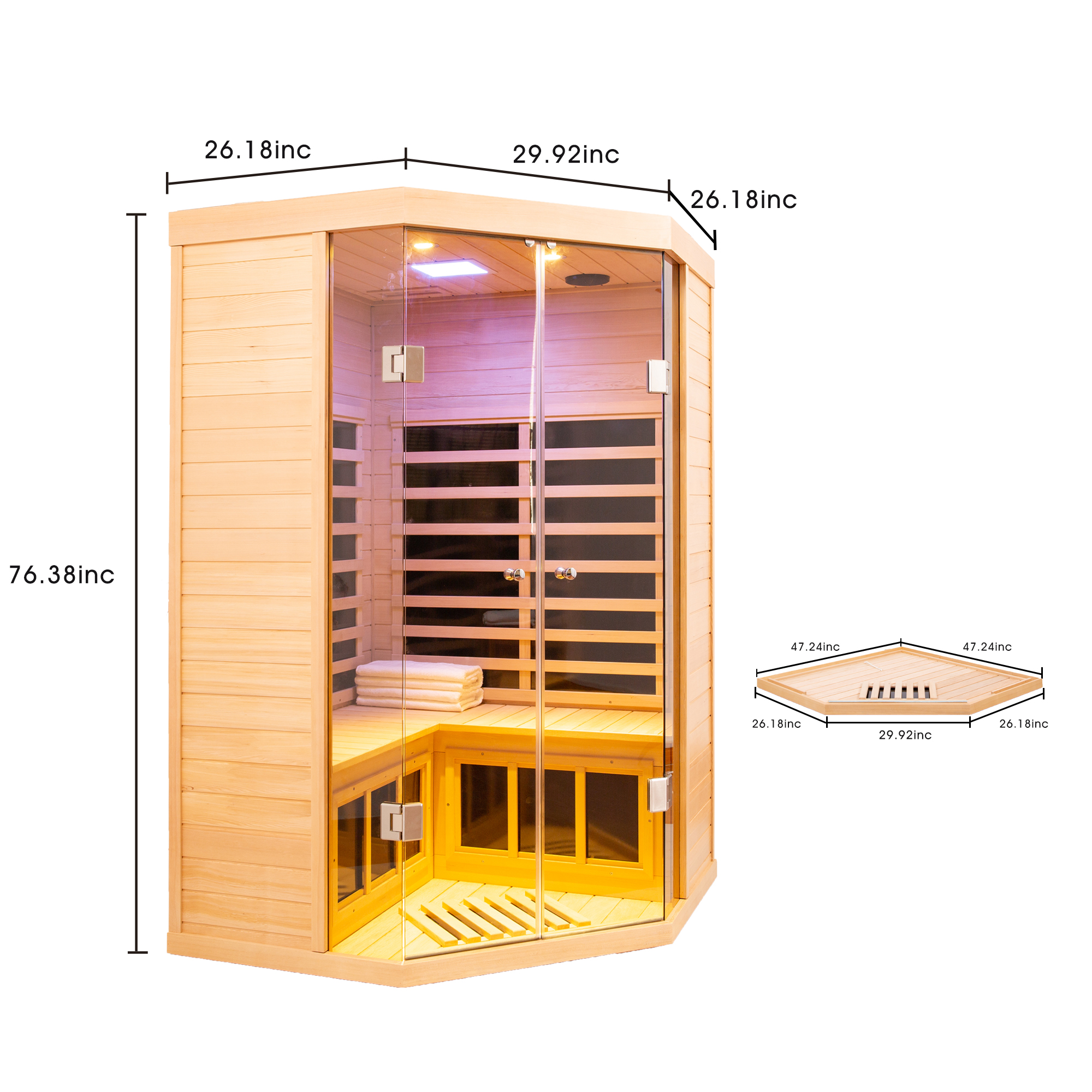 2-Person Corner Sauna Room Far Infrared Hemlock Sauna with Double Door