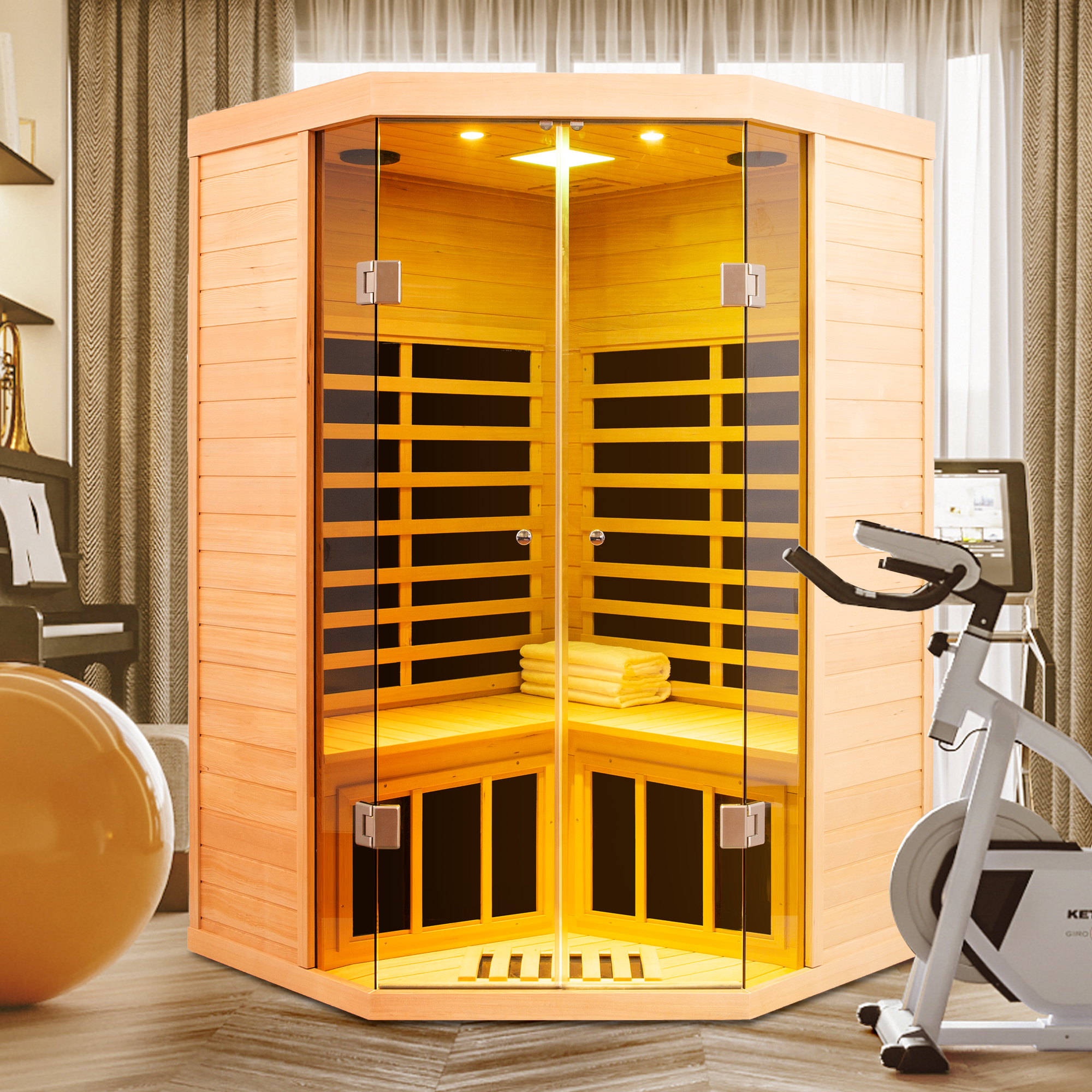 2-Person Corner Sauna Room Far Infrared Hemlock Sauna with Double Door